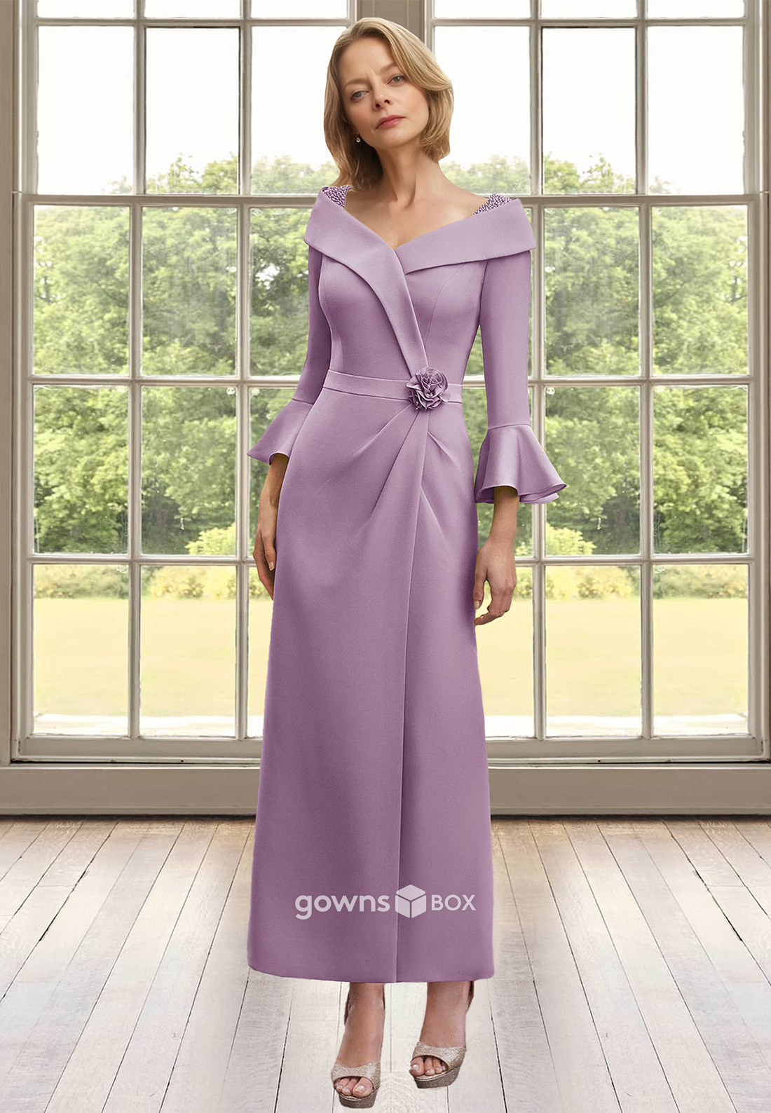 Chic V-Neck Long Sleeves Sheath with Slit Mother of the Bride Wedding Guest Dress-GownsBox