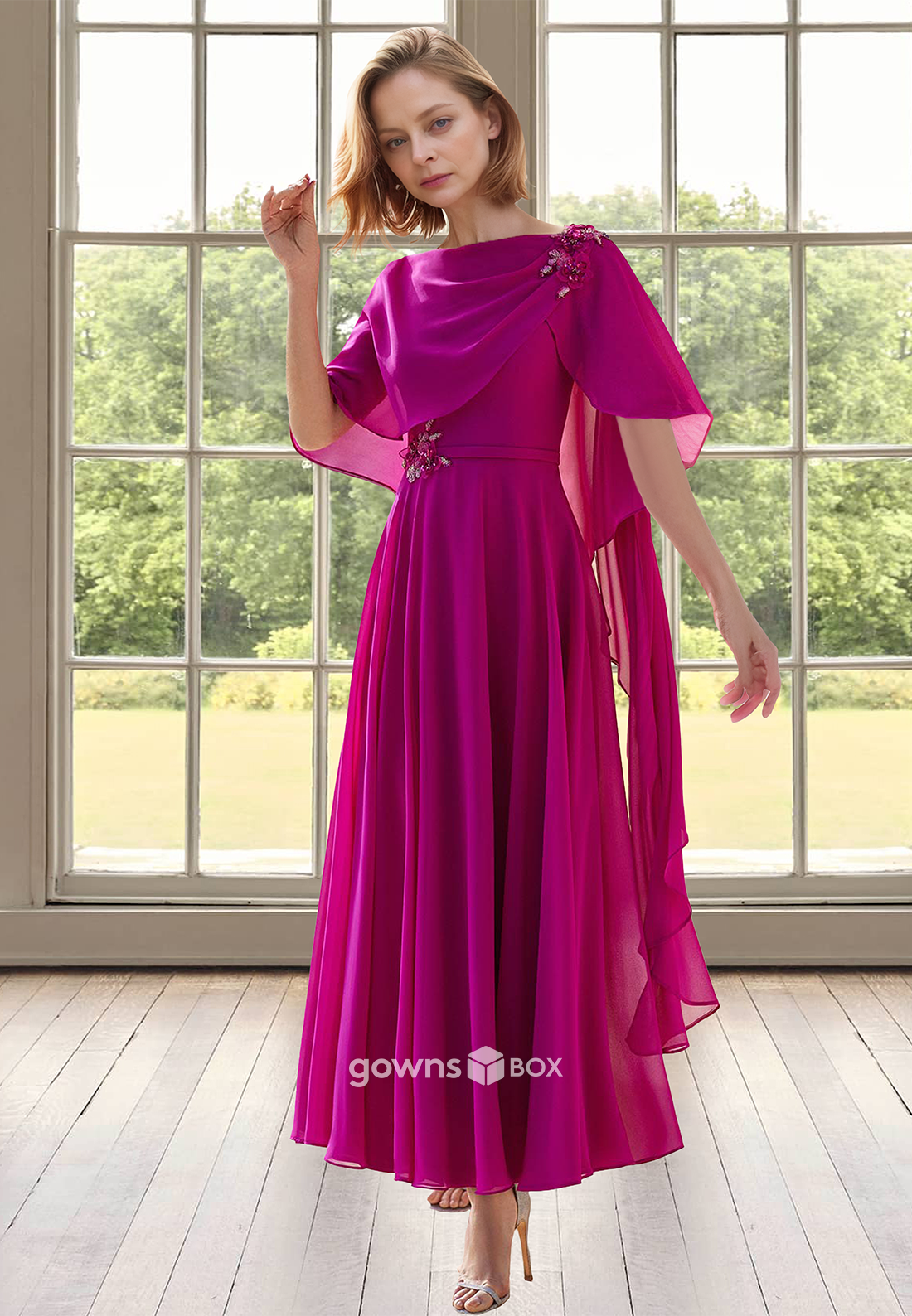 Chic Chiffon A-Line Empire Applique Mother of the Bride Wedding Guest Dress-GownsBox