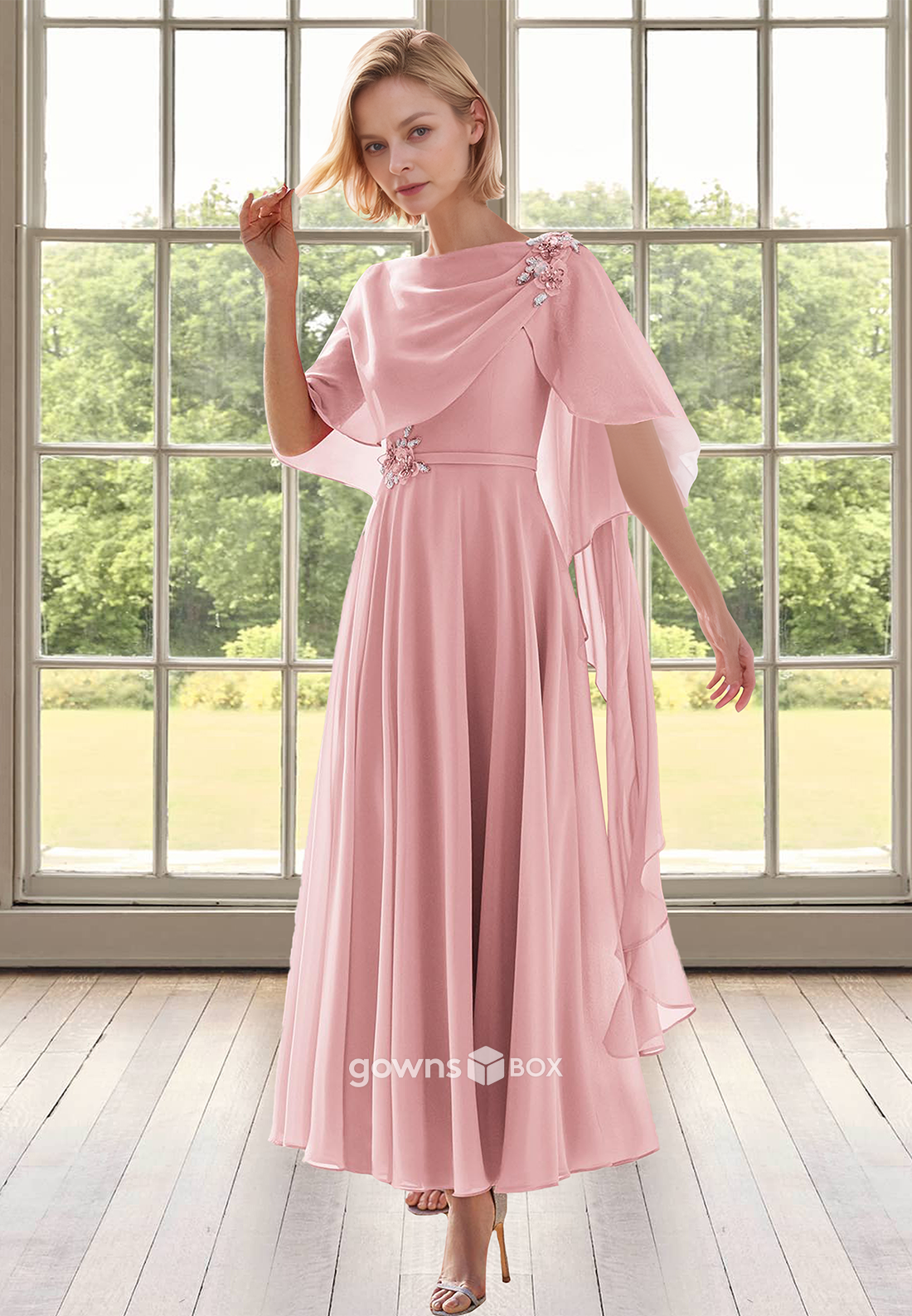 Chic Chiffon A-Line Empire Applique Mother of the Bride Wedding Guest Dress-GownsBox