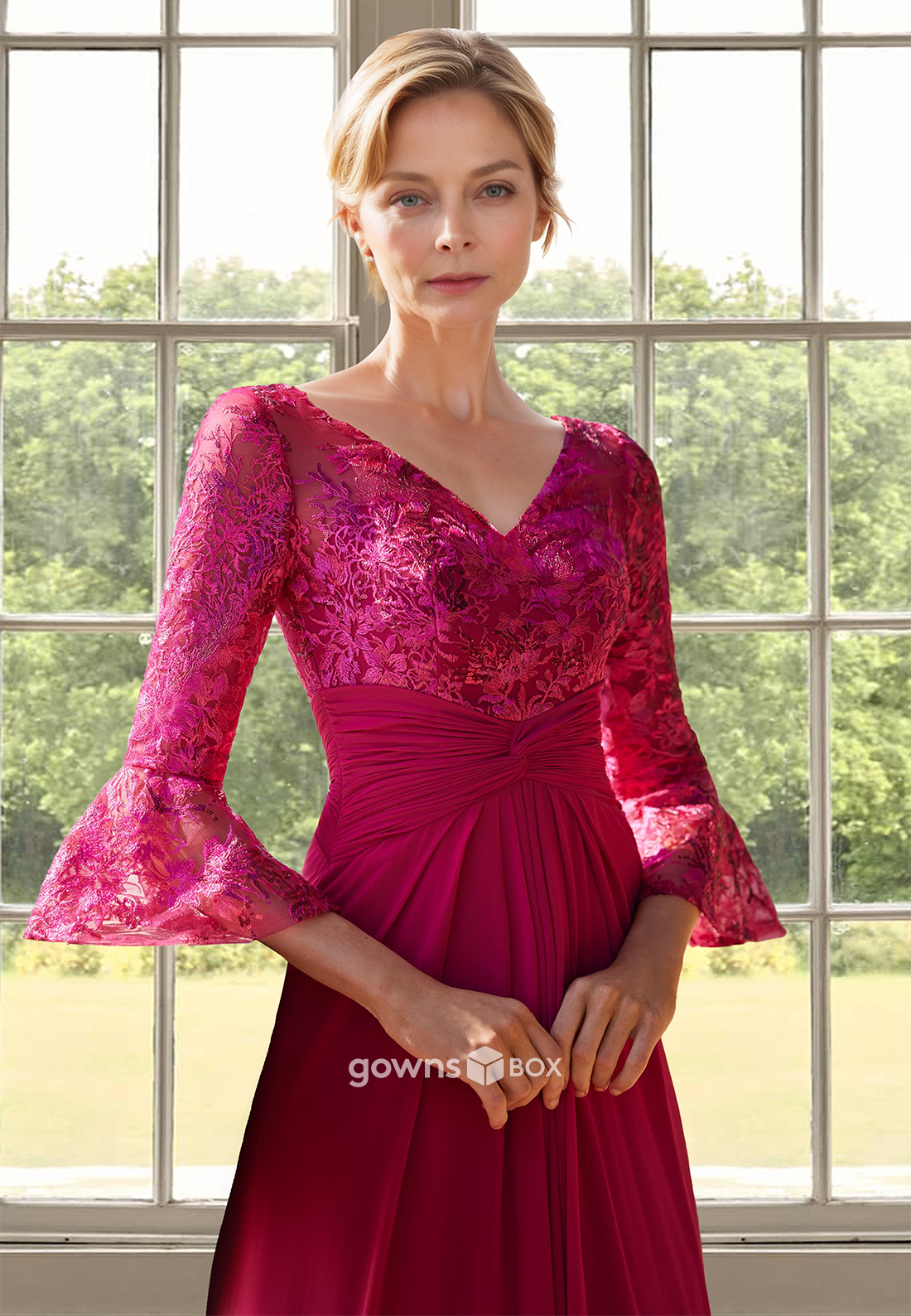 Red Lace Applique V-Neck Long Sleeves A-Line Formal Dress for Wedding-GownsBox