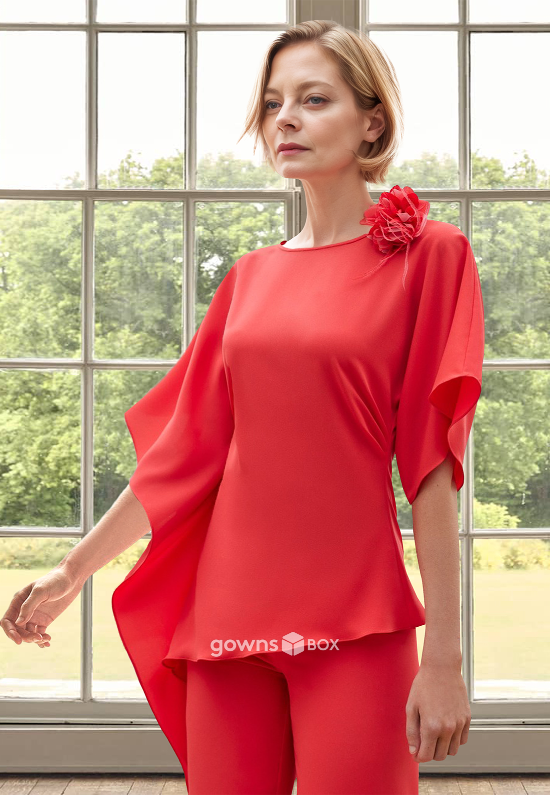 Loose Red Chiffion Two Piece Outfit Guest Mother Formal Dress for Wedding-GownsBox