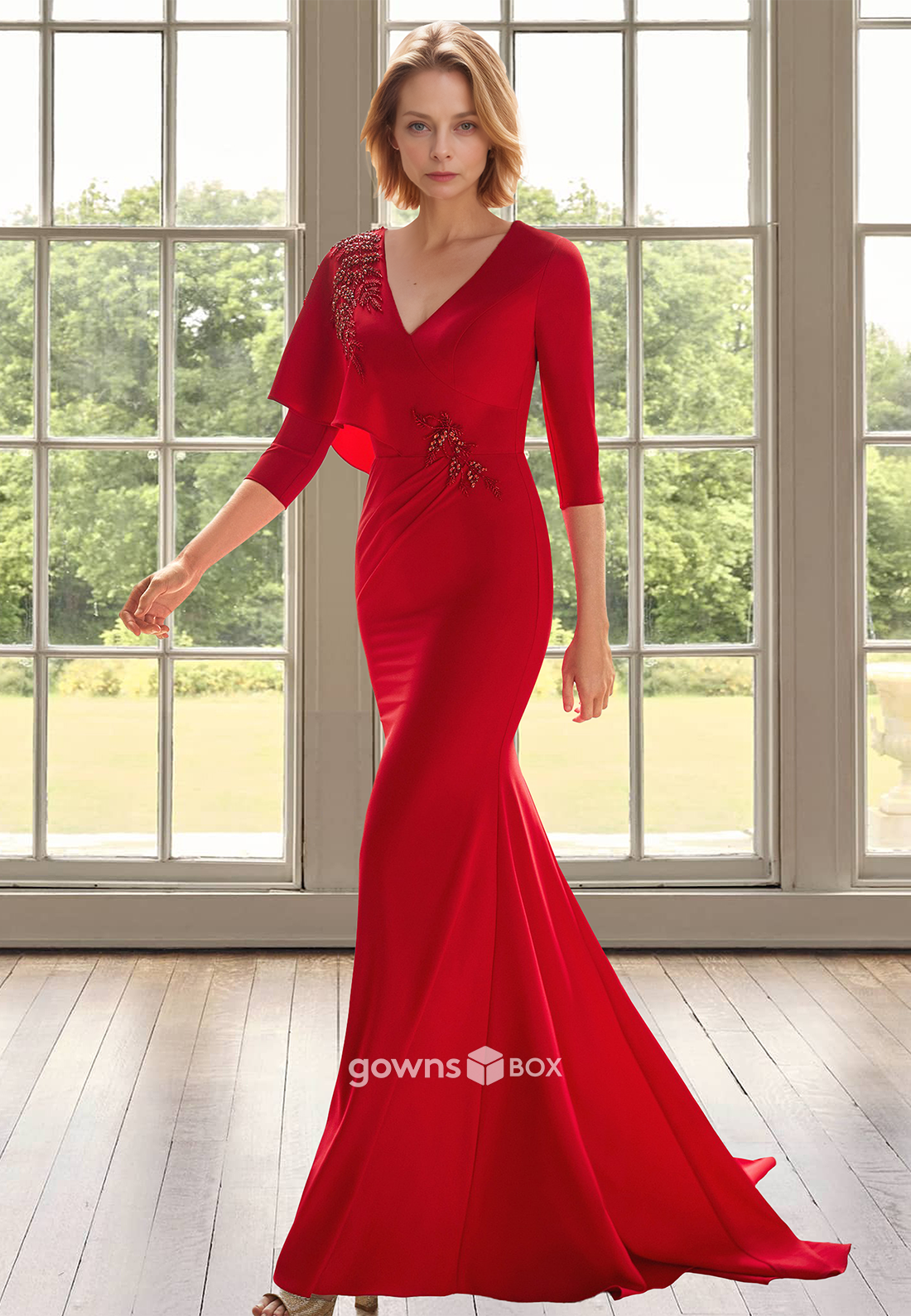 Sexy V-Neck Mermaid Red Sleeves Guest Mother Formal Dress for Wedding-GownsBox