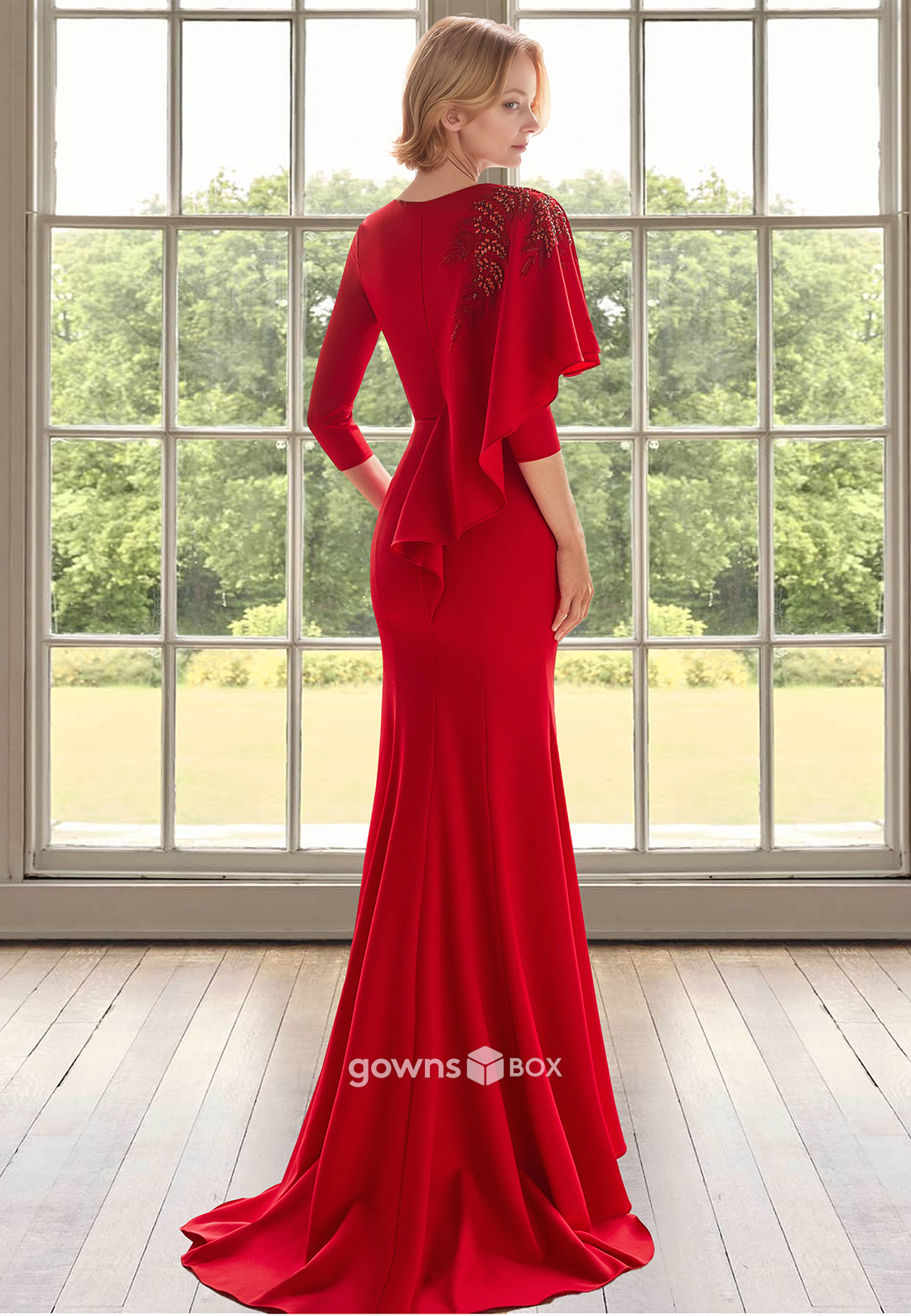 Sexy V-Neck Mermaid Red Sleeves Guest Mother Formal Dress for Wedding-GownsBox
