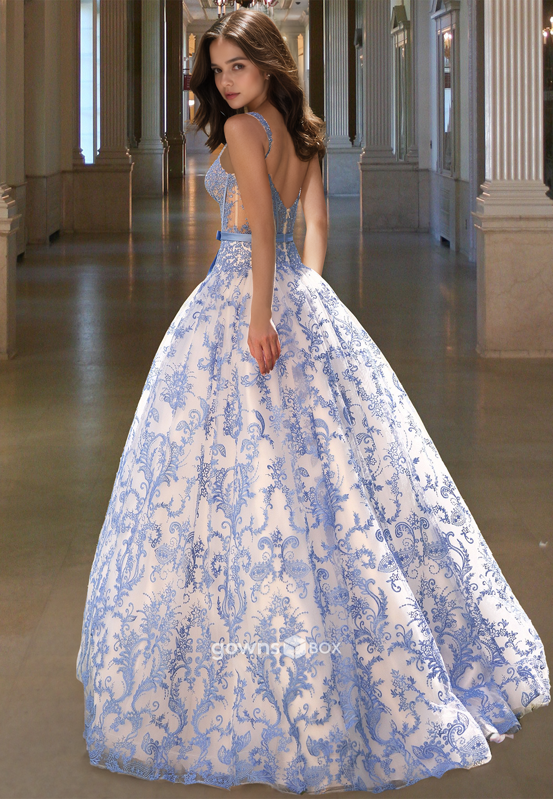 Chic Print Blue Tulle Spaghetti Straps Square Prom Dress Ball Gown-GownsBox