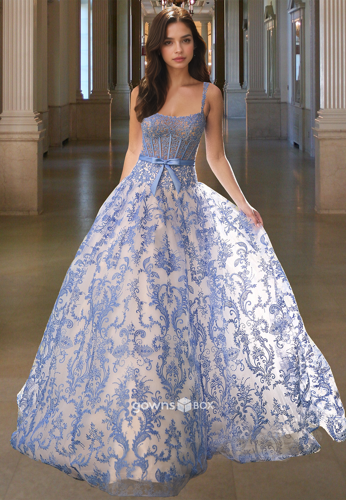 Chic Print Blue Tulle Spaghetti Straps Square Prom Dress Ball Gown-GownsBox