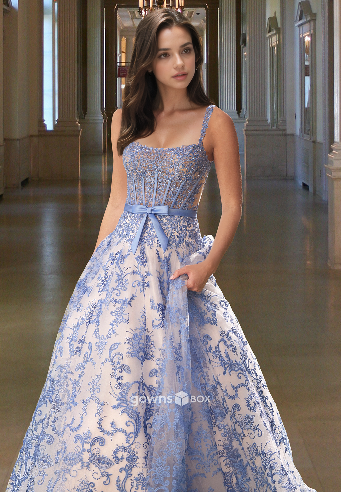 Chic Print Blue Tulle Spaghetti Straps Square Prom Dress Ball Gown-GownsBox