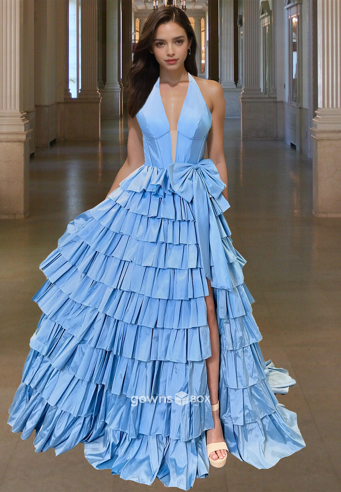 Solid V-Neck Tiered A-Line Ball Gown Bow Quinceanera Homecoming Party Dress-GownsBox