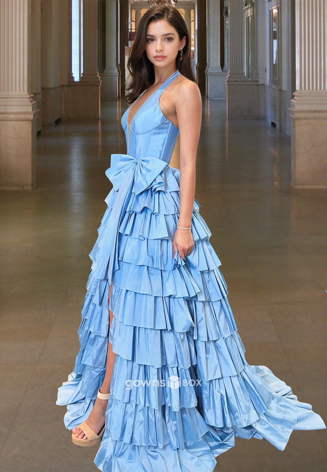 Solid V-Neck Tiered A-Line Ball Gown Bow Quinceanera Homecoming Party Dress-GownsBox