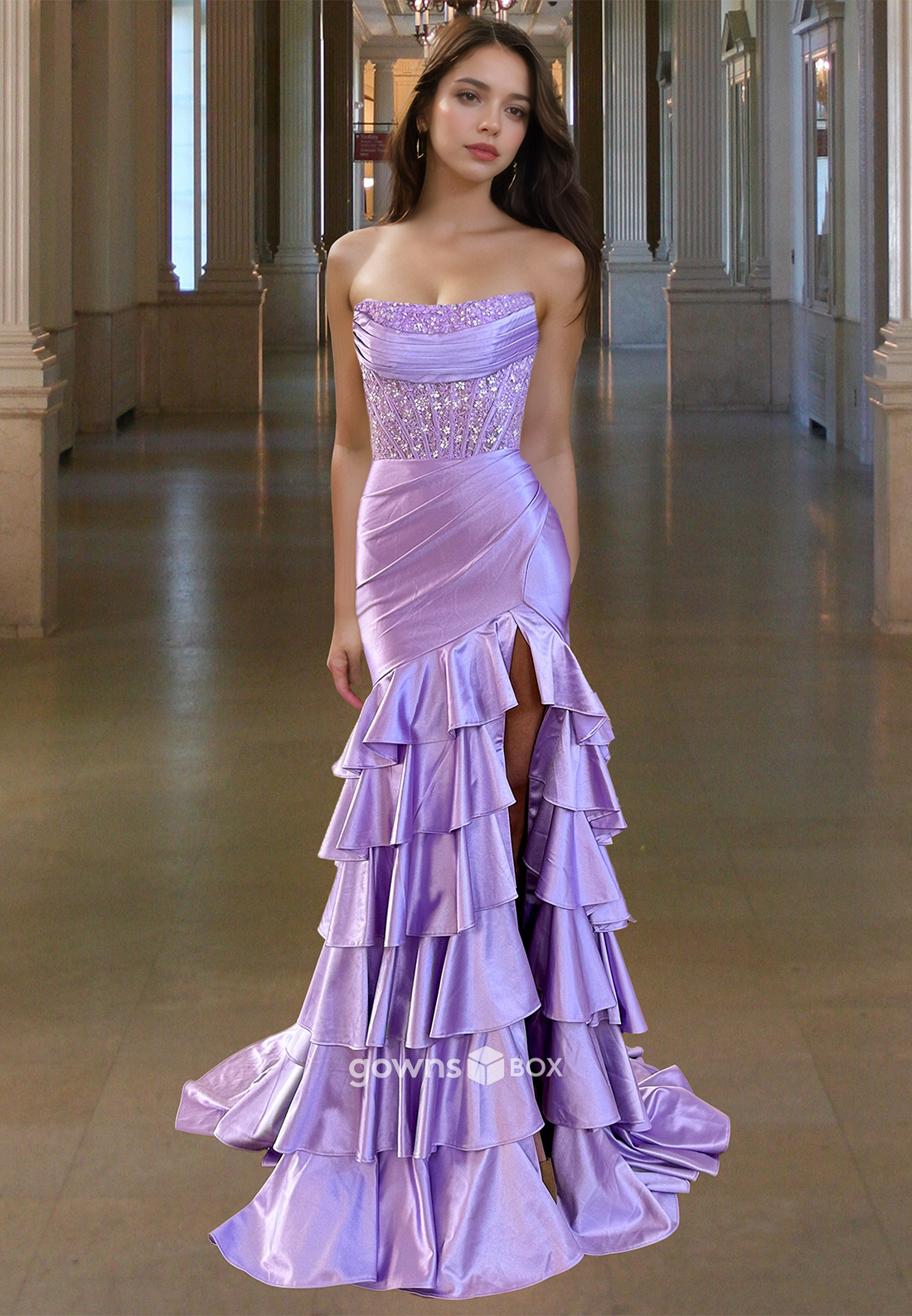 Chic Sparkle Applique Trumpet with Slit Lilac Evening Prom Dress-GownsBox