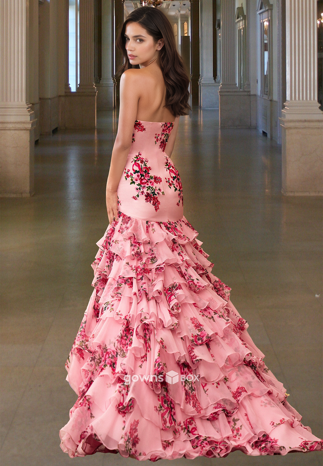 Floral Tiered Quinceanera Evening Dress Red Print Tulle Prom Ball Gown-GownsBox