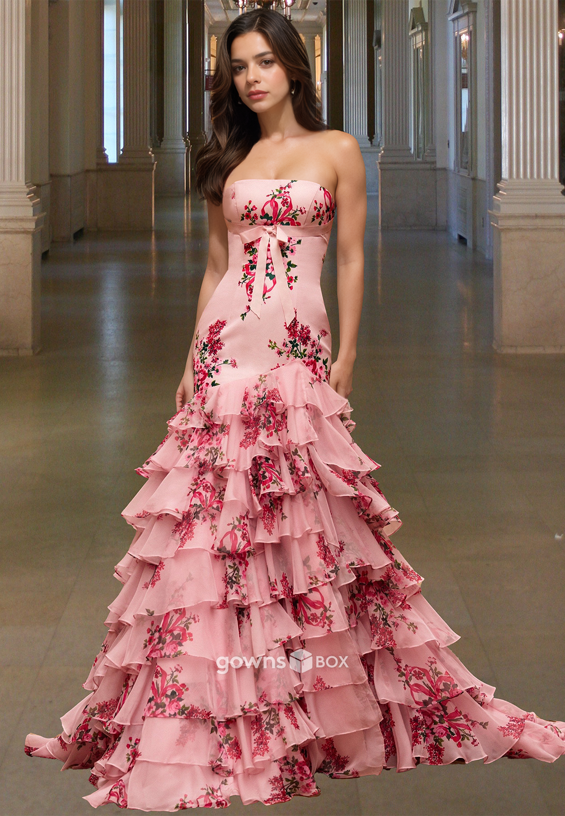 Floral Tiered Quinceanera Evening Dress Red Print Tulle Prom Ball Gown-GownsBox