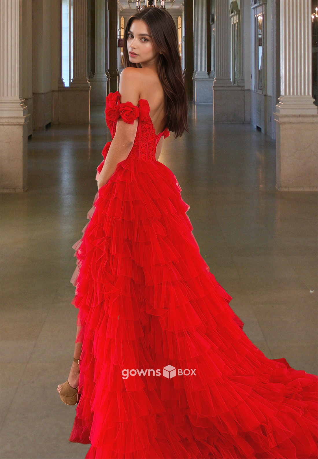 Sexy Red A-Line Big Train Tulle Evening Dress Formal Party Gown 2025-GownsBox