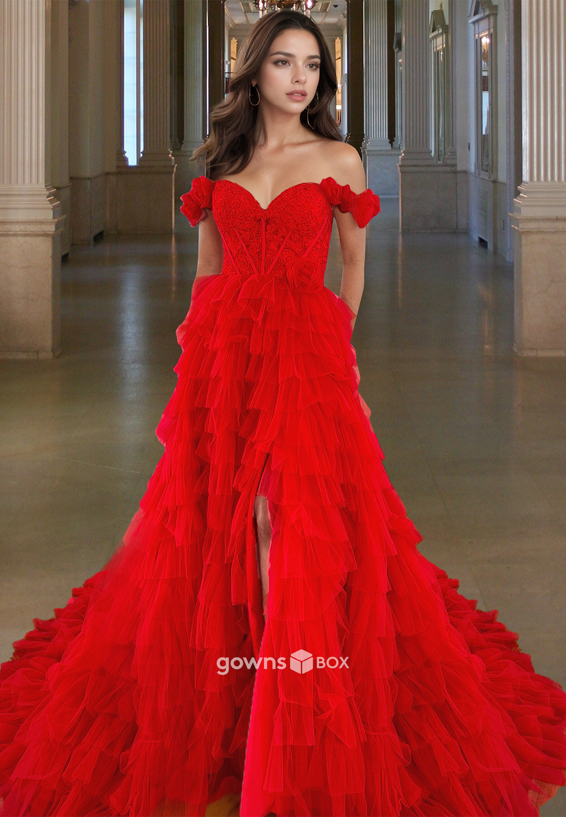 Sexy Red A-Line Big Train Tulle Evening Dress Formal Party Gown 2025-GownsBox