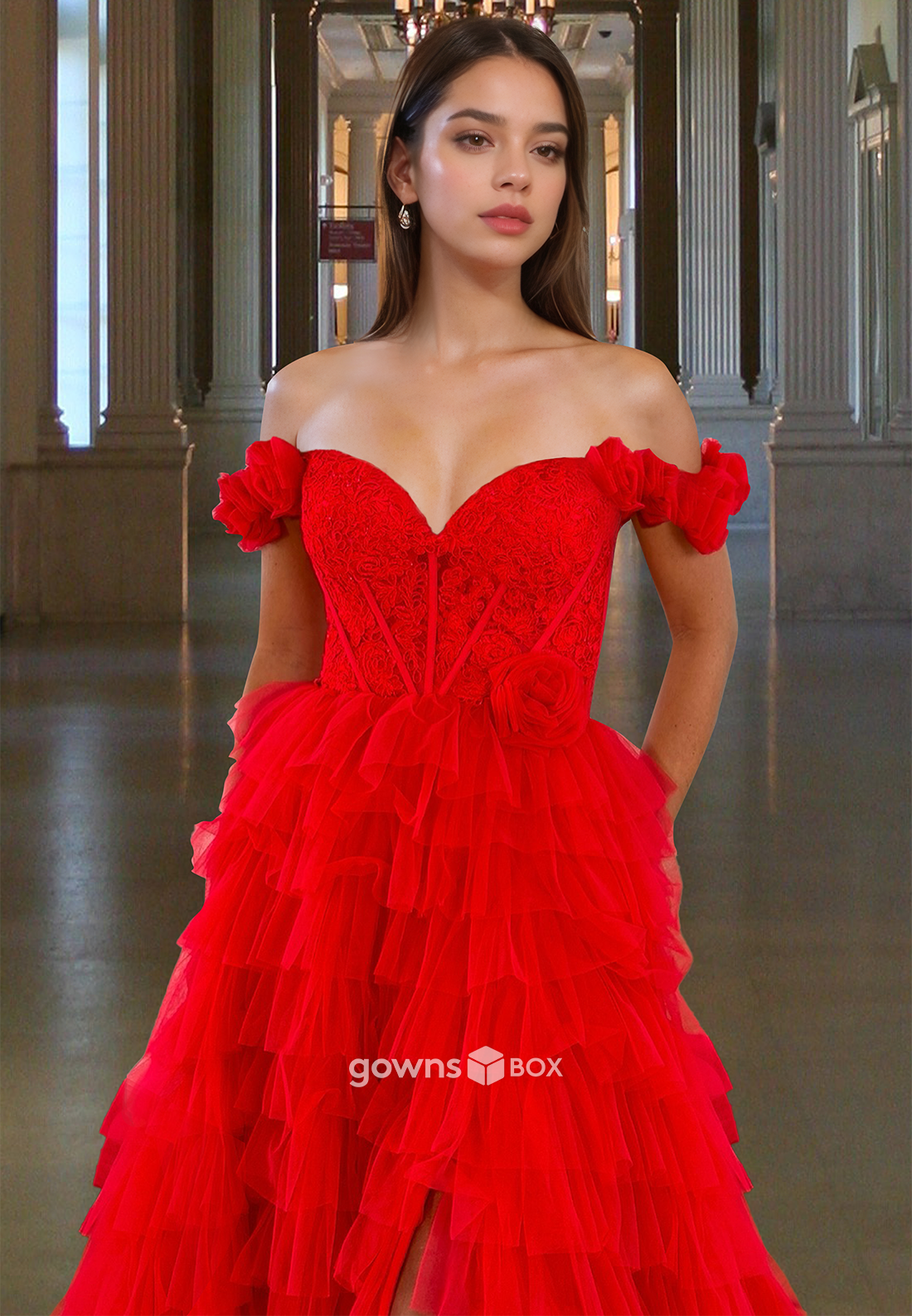 Sexy Red A-Line Big Train Tulle Evening Dress Formal Party Gown 2025-GownsBox