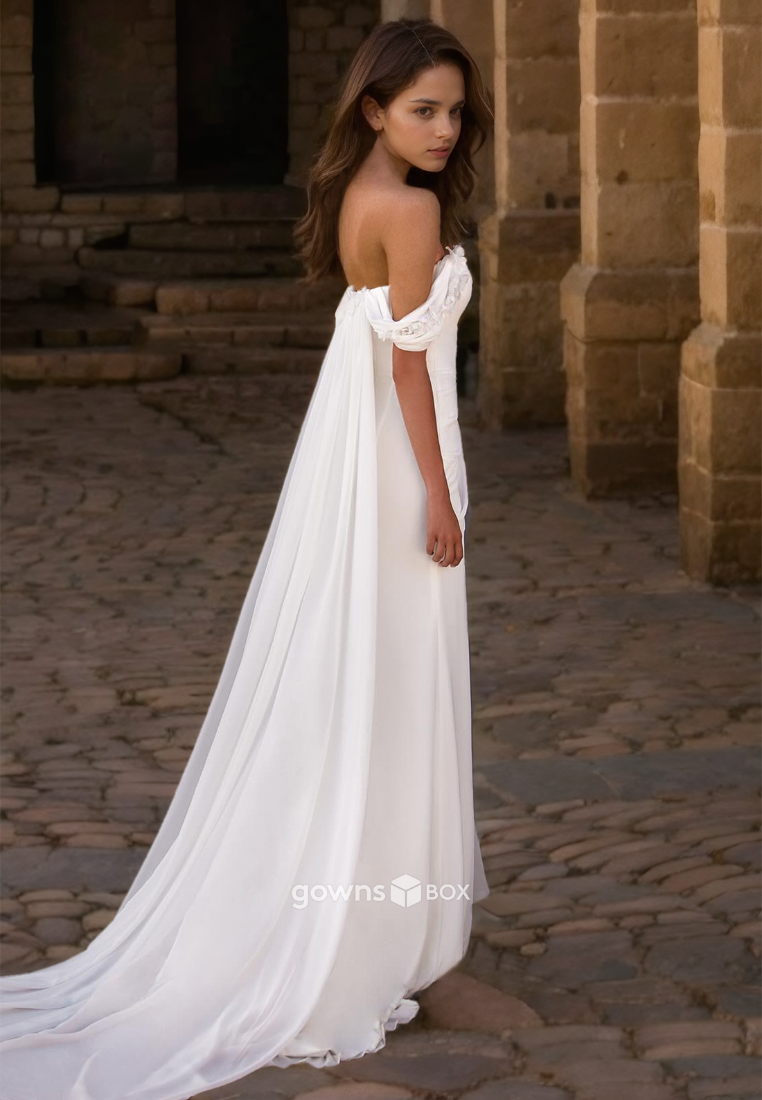 Ruched Off-Shoulder Satin with Slit Simple Wedding Dress Bride Gown 2025-GownsBox