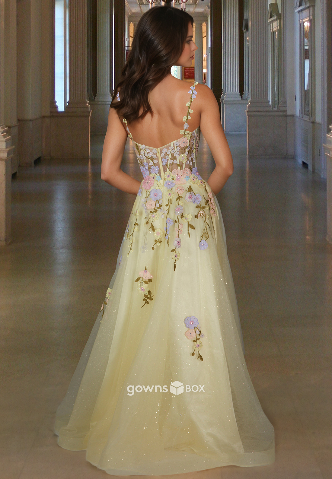 Spaghetti Straps Tulle Evening Dress Floral Applique with Slit Prom Ball Gown-GownsBox