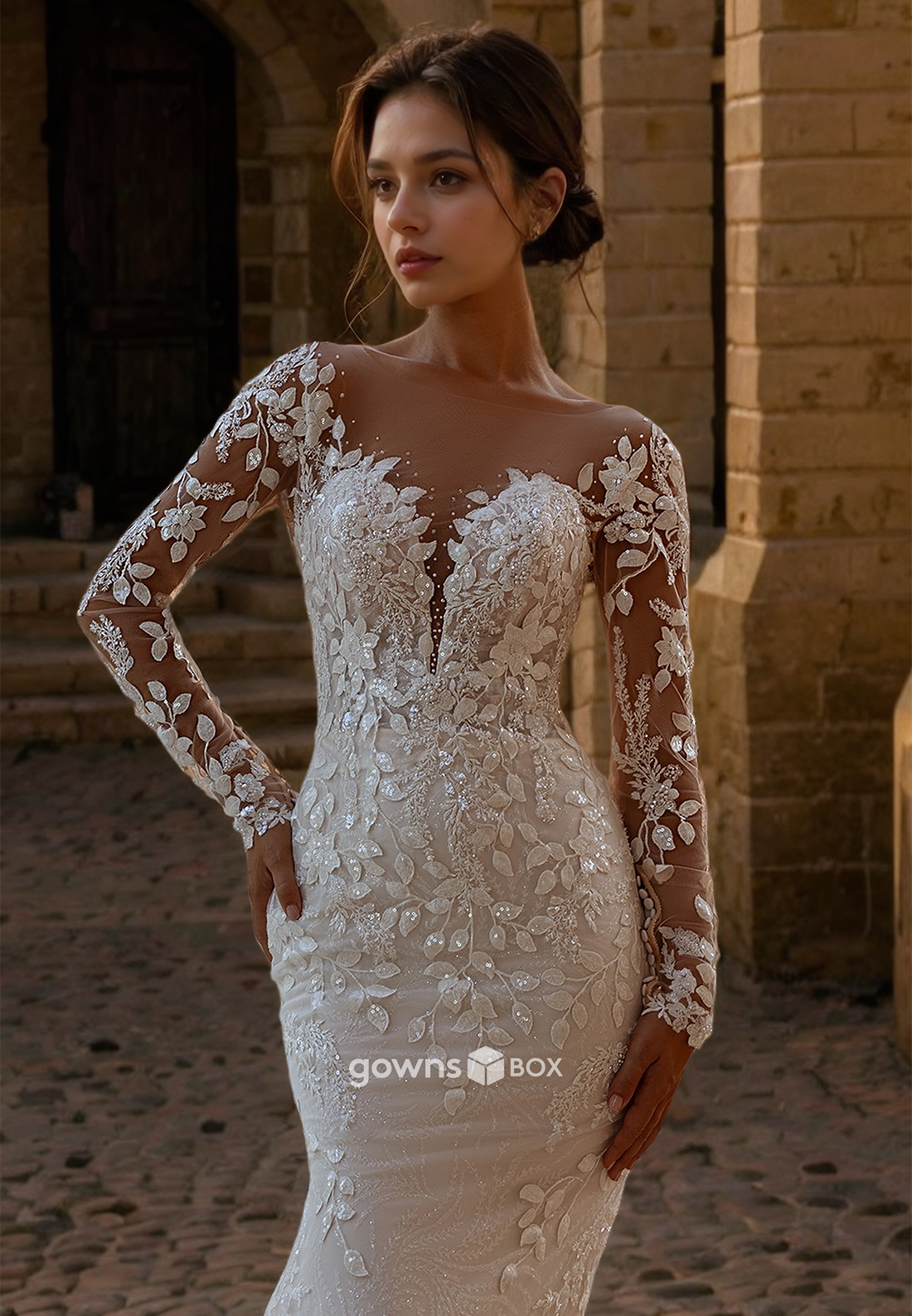 Sexy Mermaid Floral Lace Applique Long Sleeves with Train Wedding Dress-GownsBox