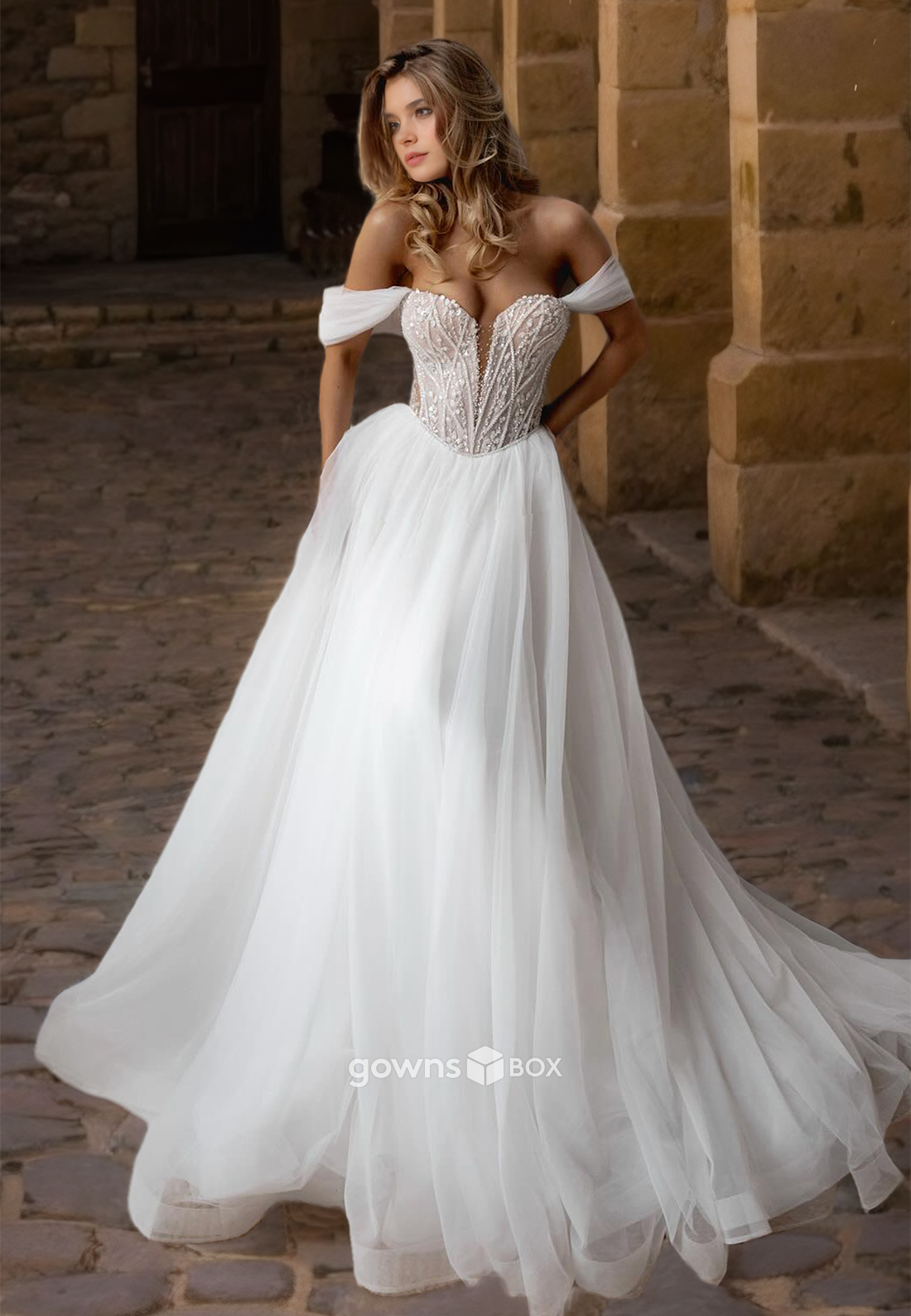 Chic Applique Off-Shoulder A-Line Tulle Floor-Length Bridial Wedding Dress-GownsBox