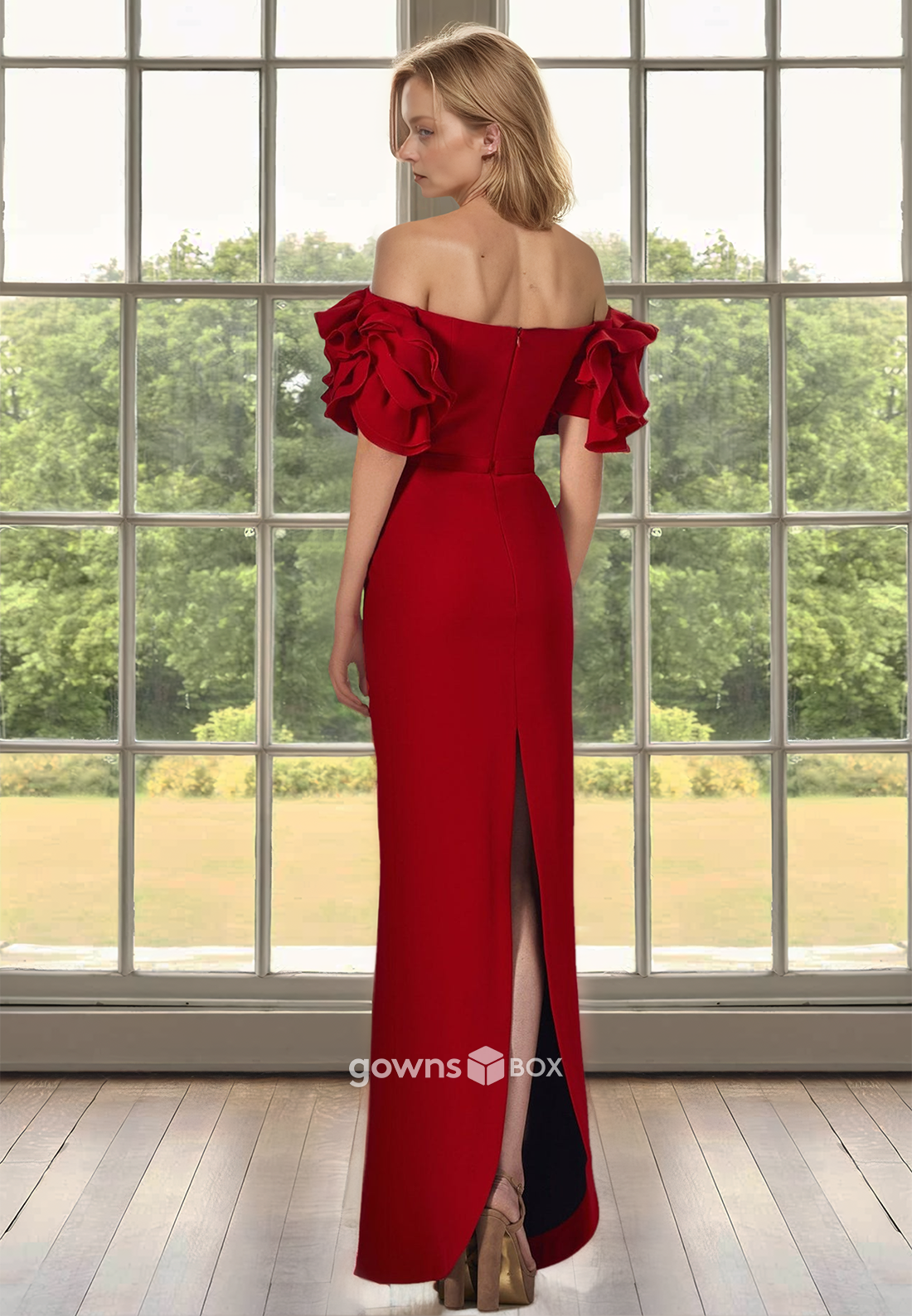 Red Satin Fitted Empire Floral Sleeves with Slit Mother of the Bride Dress-GownsBox