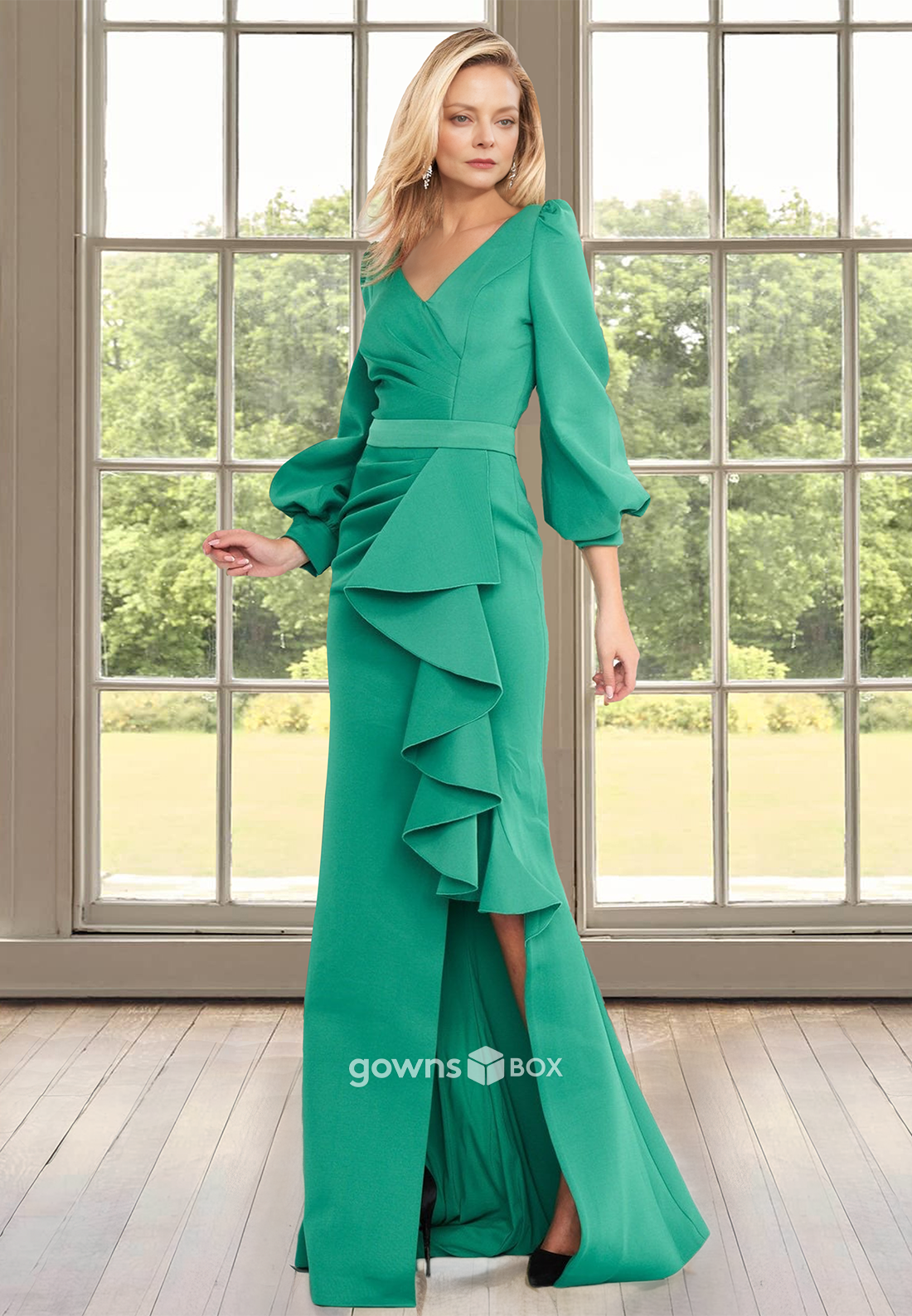 Chic Ruched Ruffles with Slit Floor-Length Mother of the Bride Wedding Guest Dress-GownsBox