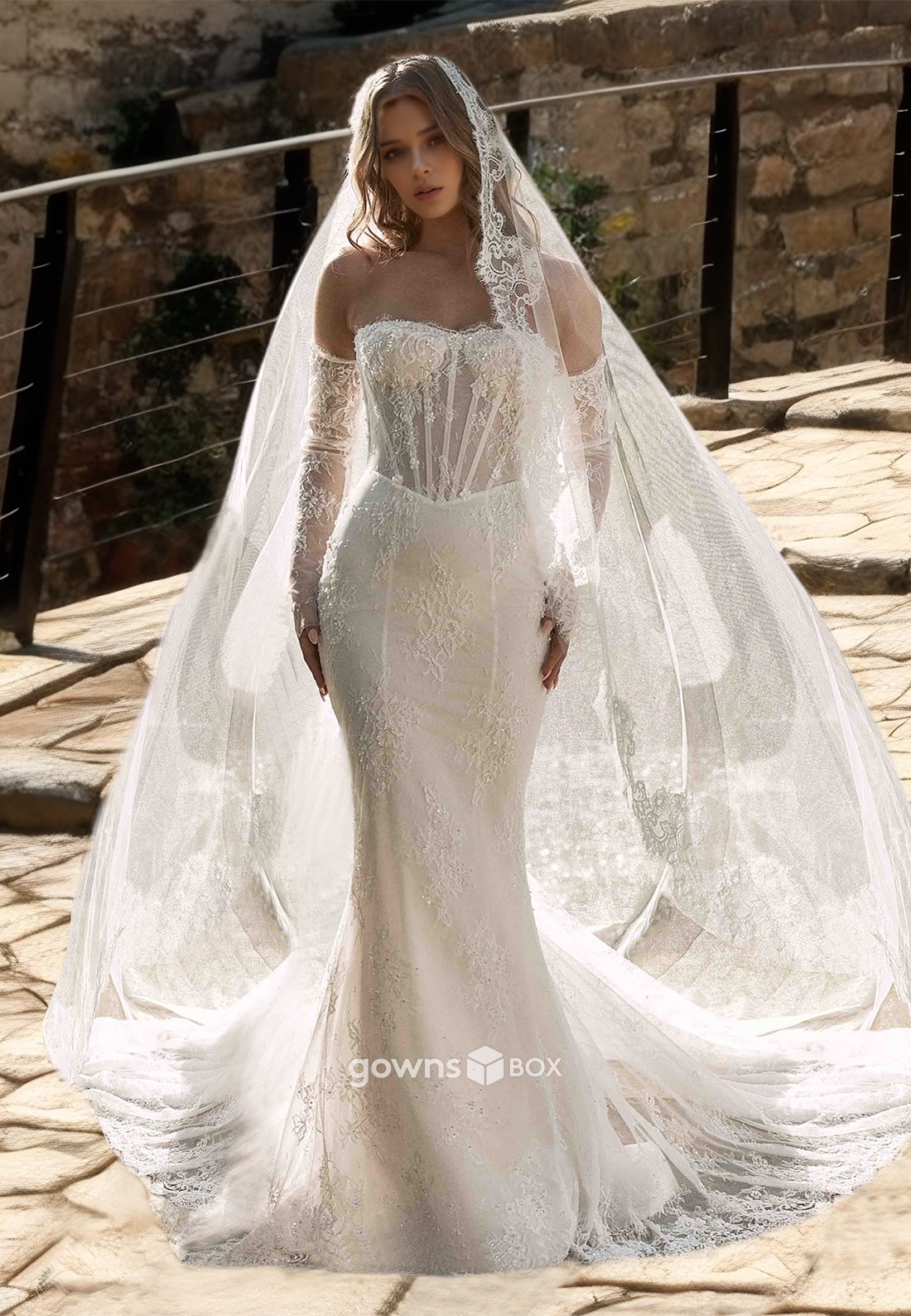 Sexy Lace Applique Sheath Trumpet Strapless Bridial Wedding Dress 2025-GownsBox