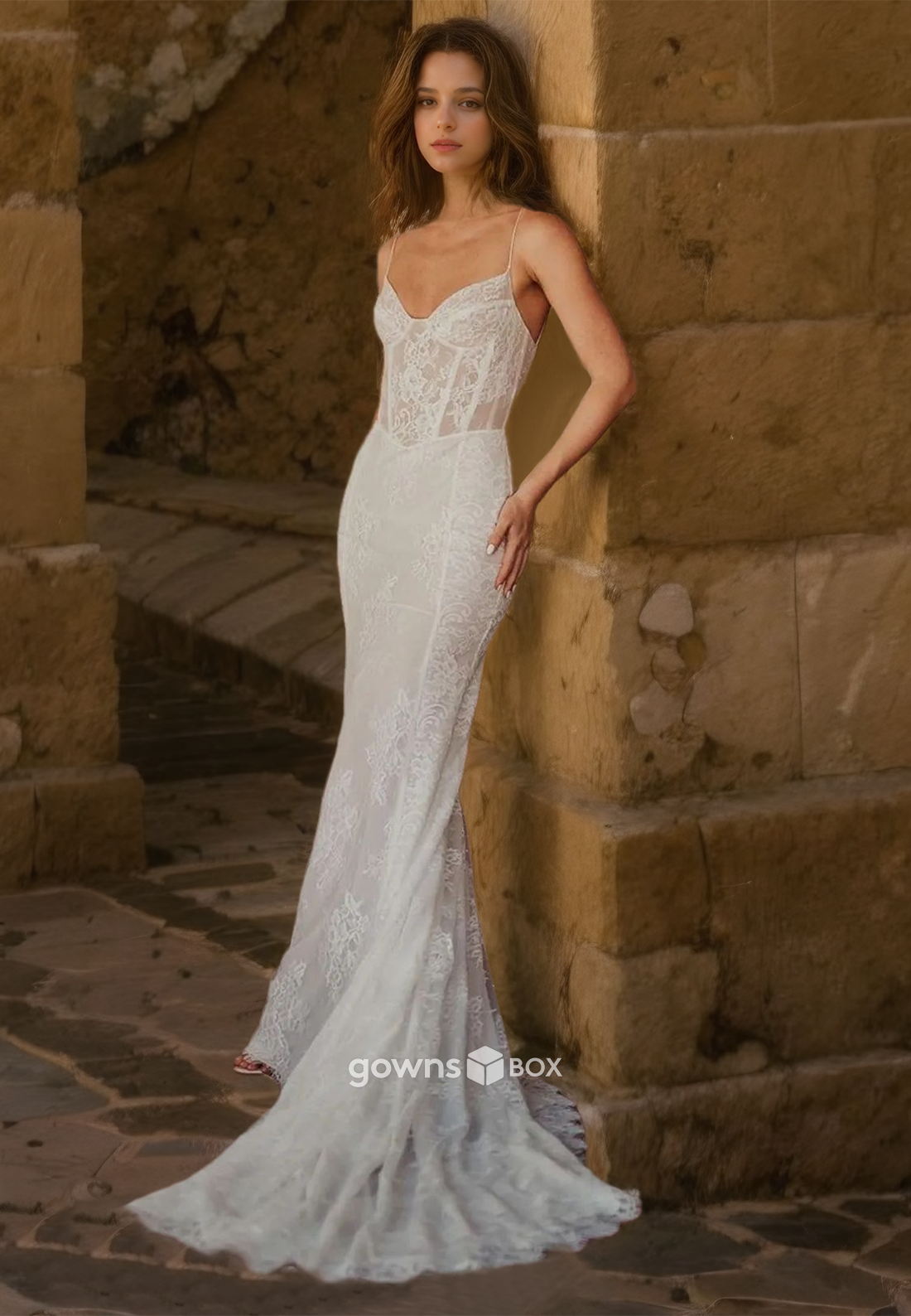 Sexy Fitted Lace Applique Spaghetti Straps Mermaid with Train Wedding Dress-GownsBox