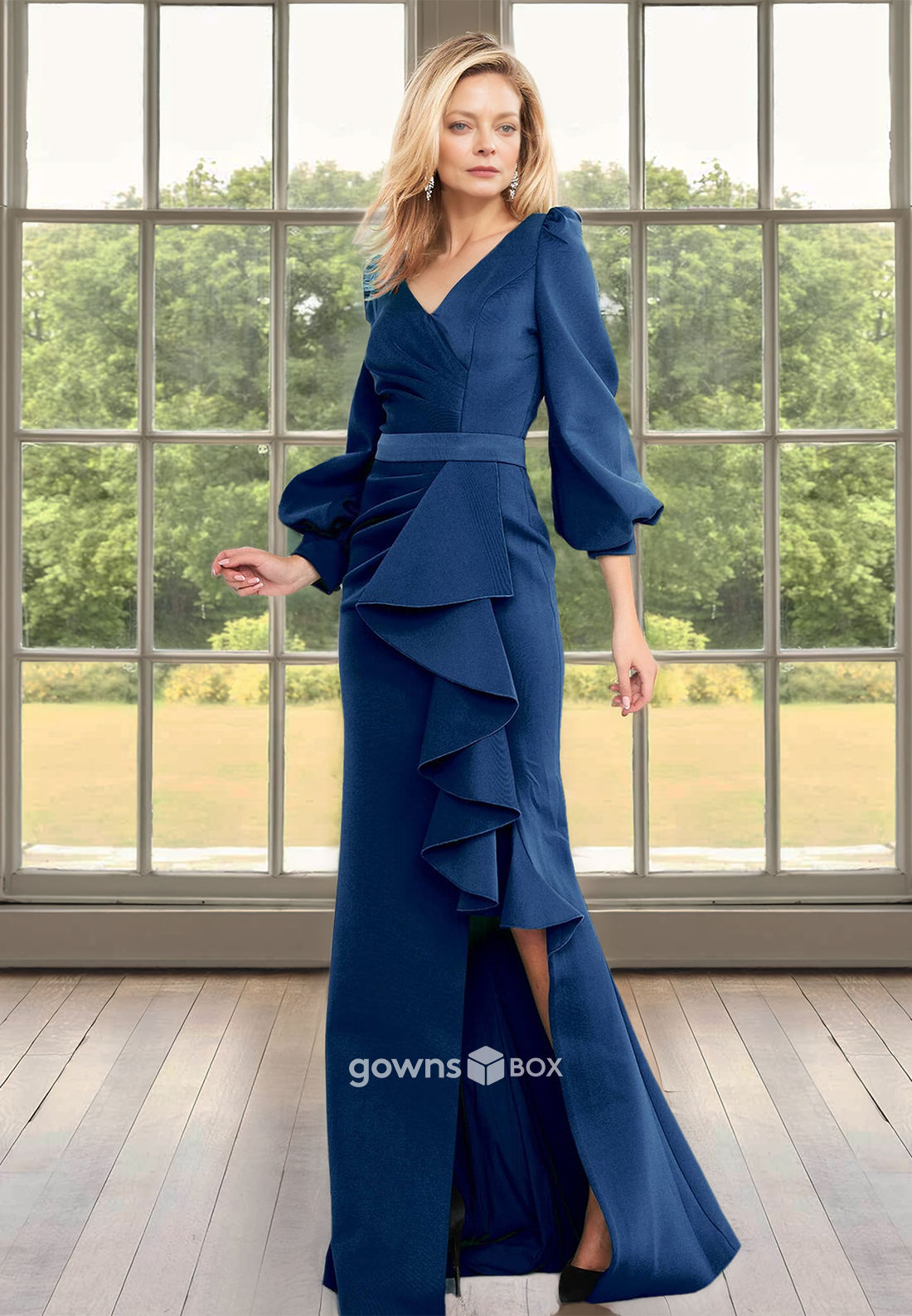 Chic Ruched Ruffles with Slit Floor-Length Mother of the Bride Wedding Guest Dress-GownsBox
