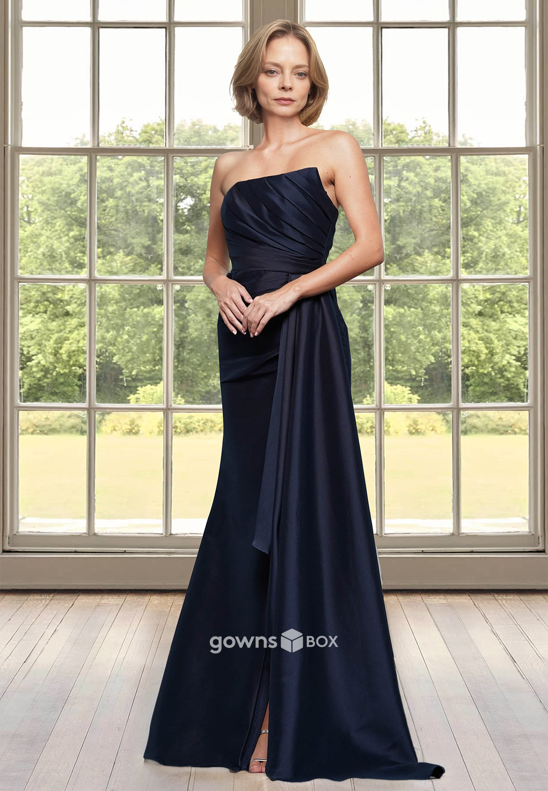 Strapless A-Line Satin Ruched Long Mother of the Bride Wedding Guest Dress-GownsBox