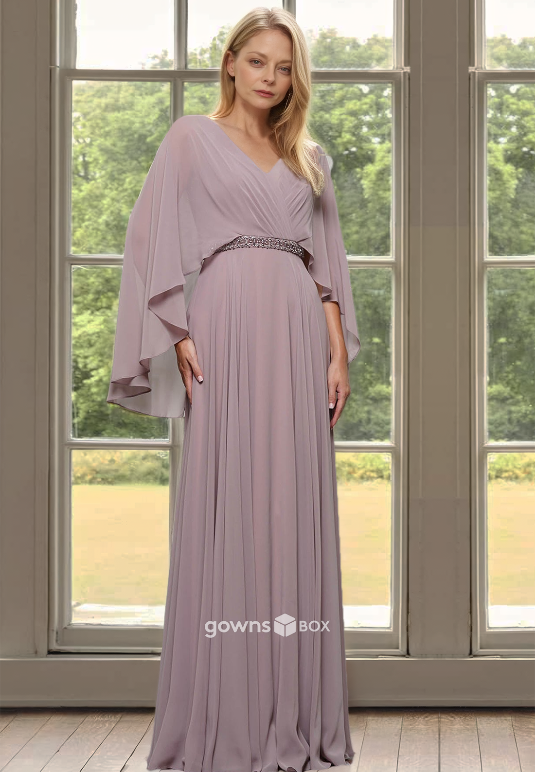 Chiffon Loose  Long A-Line Sleeves Mother of the Bride Wedding Guest Dress-GownsBox