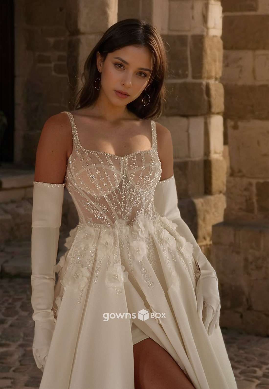 Chic Beaded Square Spaghetti Straps Floral A-Line Bridial Wedding Dress-GownsBox