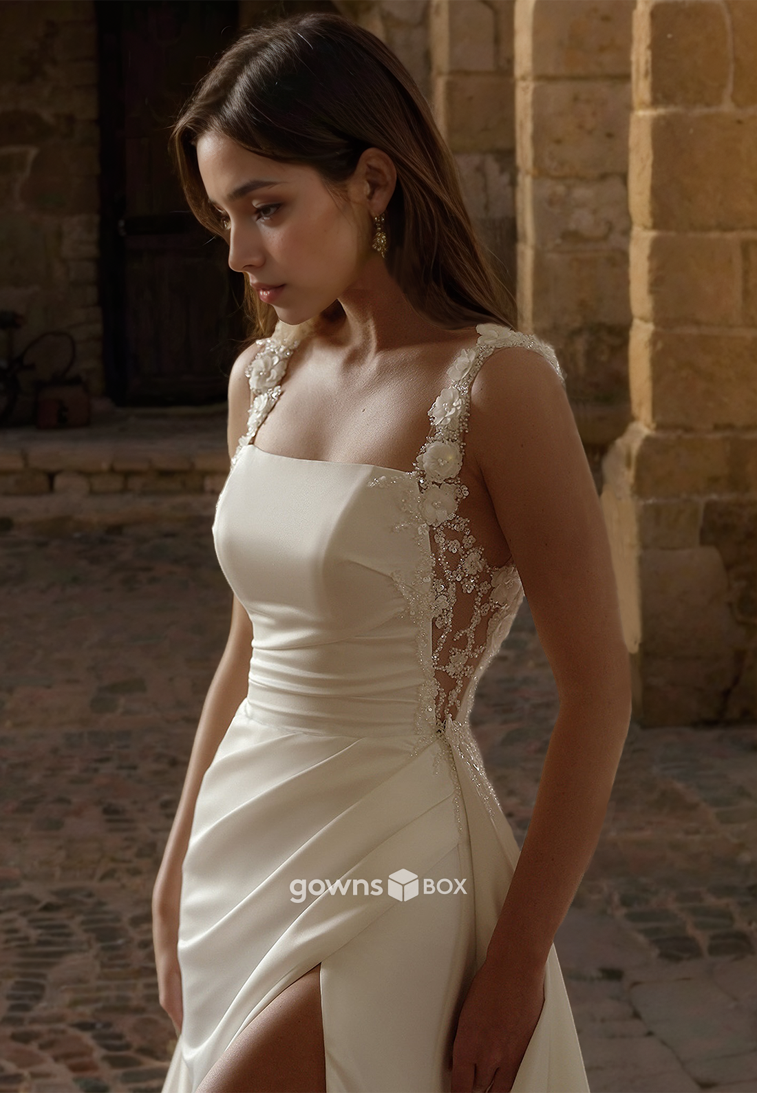 Square Spaghetti Straps Floral Satin Sheath Wedding Dress Flowers Bride Gown-GownsBox