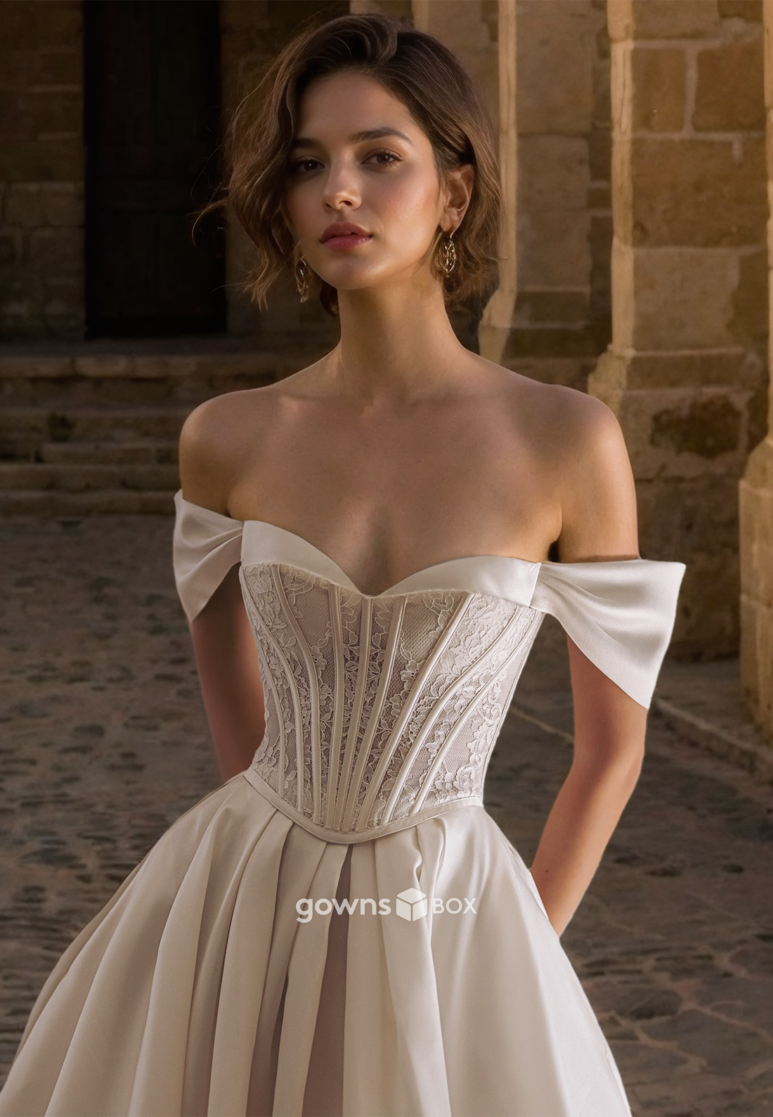Sheer Corset Applique Off-Shoulder A-Line Wedding Dress Bride Gown-GownsBox