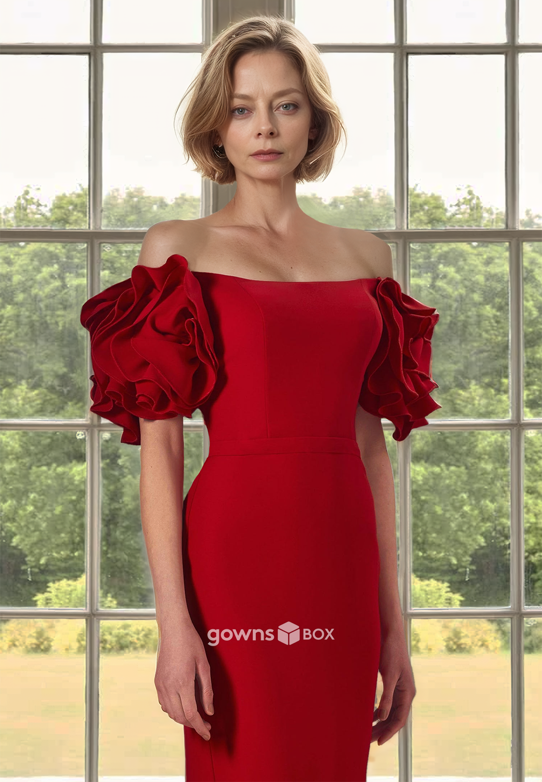Red Satin Fitted Empire Floral Sleeves with Slit Mother of the Bride Dress-GownsBox