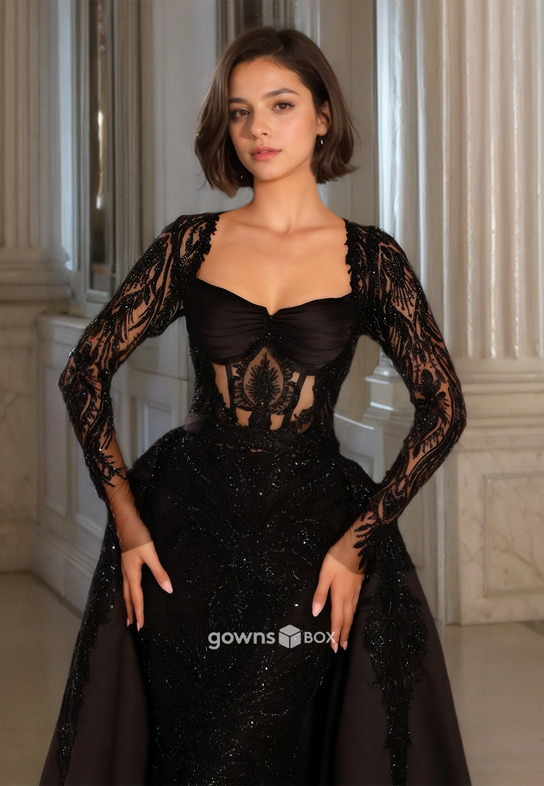 Black Square Long Sleeves Lace Applique Sheath with Train Formal Evening Dress-GownsBox