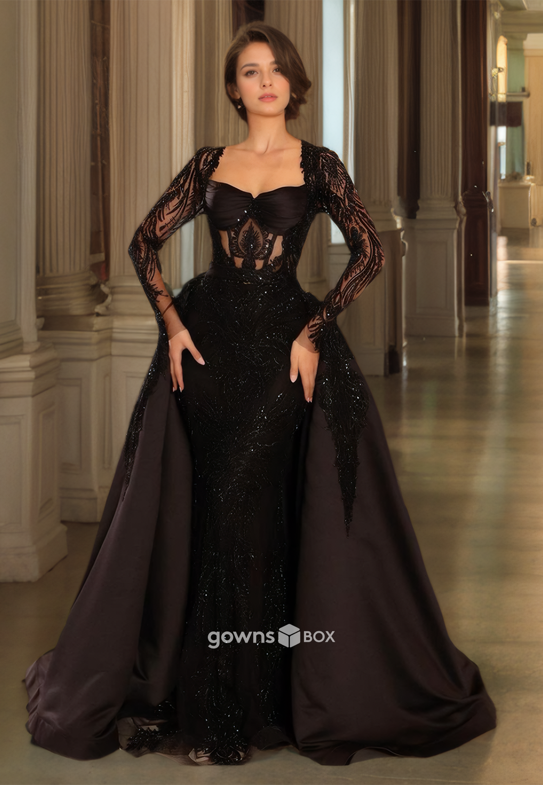 Black Square Long Sleeves Lace Applique Sheath with Train Formal Evening Dress-GownsBox