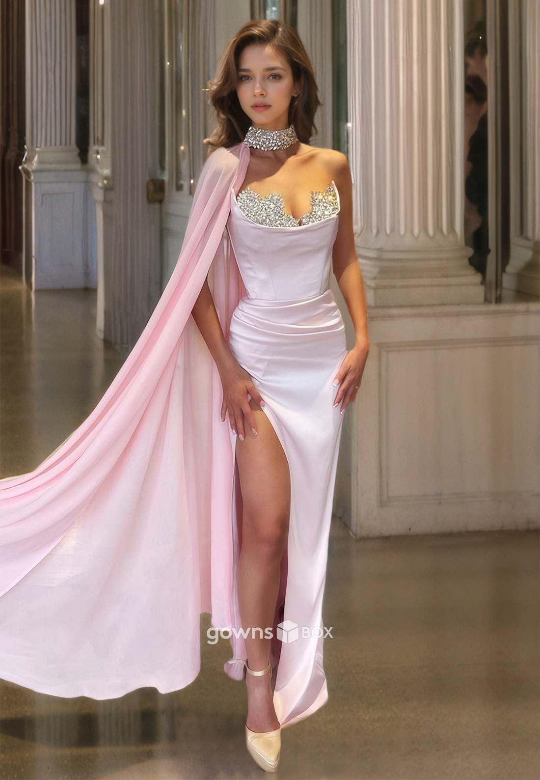 Pink Cape Sweetheart Sheath Beaded with Slit Satin Evening Dress 2025-GownsBox