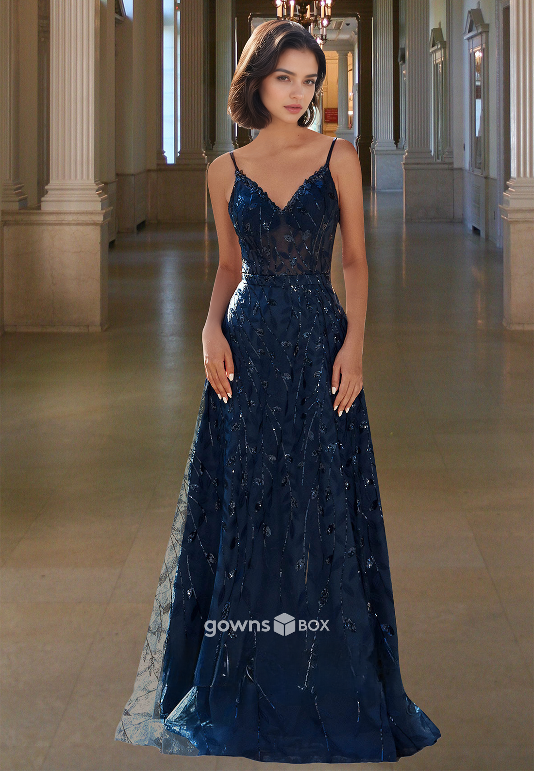 Glitter Applique A-Line Spaghetti Straps V-Neck Dark Navy Evening Prom Dress-GownsBox