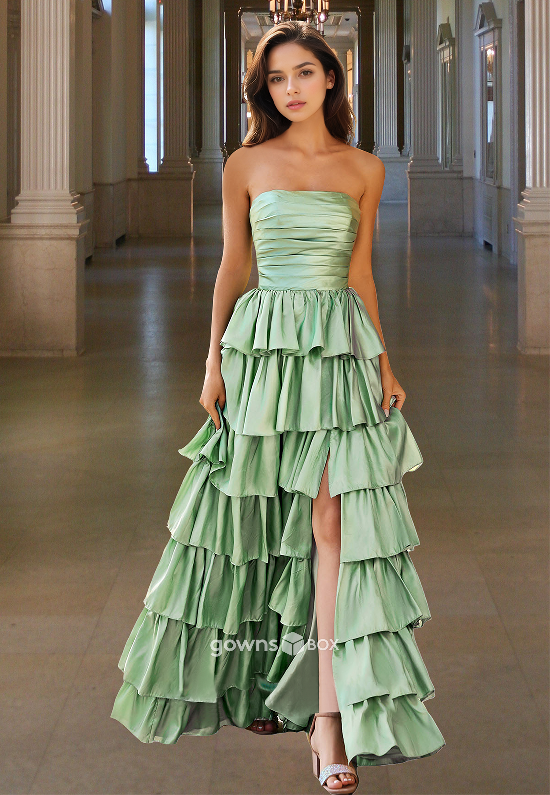 Mint Green Tiered Ruffles Strapless A-Line Satin Quinceanera Prom Dress Ball Gown-GownsBox