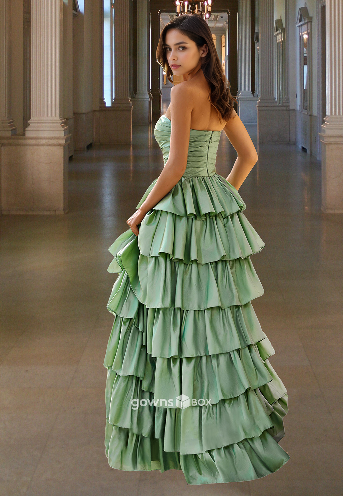 Mint Green Tiered Ruffles Strapless A-Line Satin Quinceanera Prom Dress Ball Gown-GownsBox