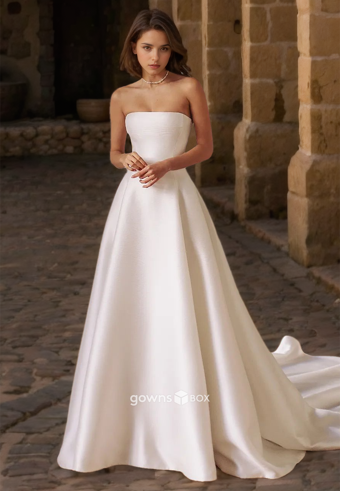 Strapless Sleeveless A-Line Satin Simple Engagement Wedding Dress Bride Gown-GownsBox