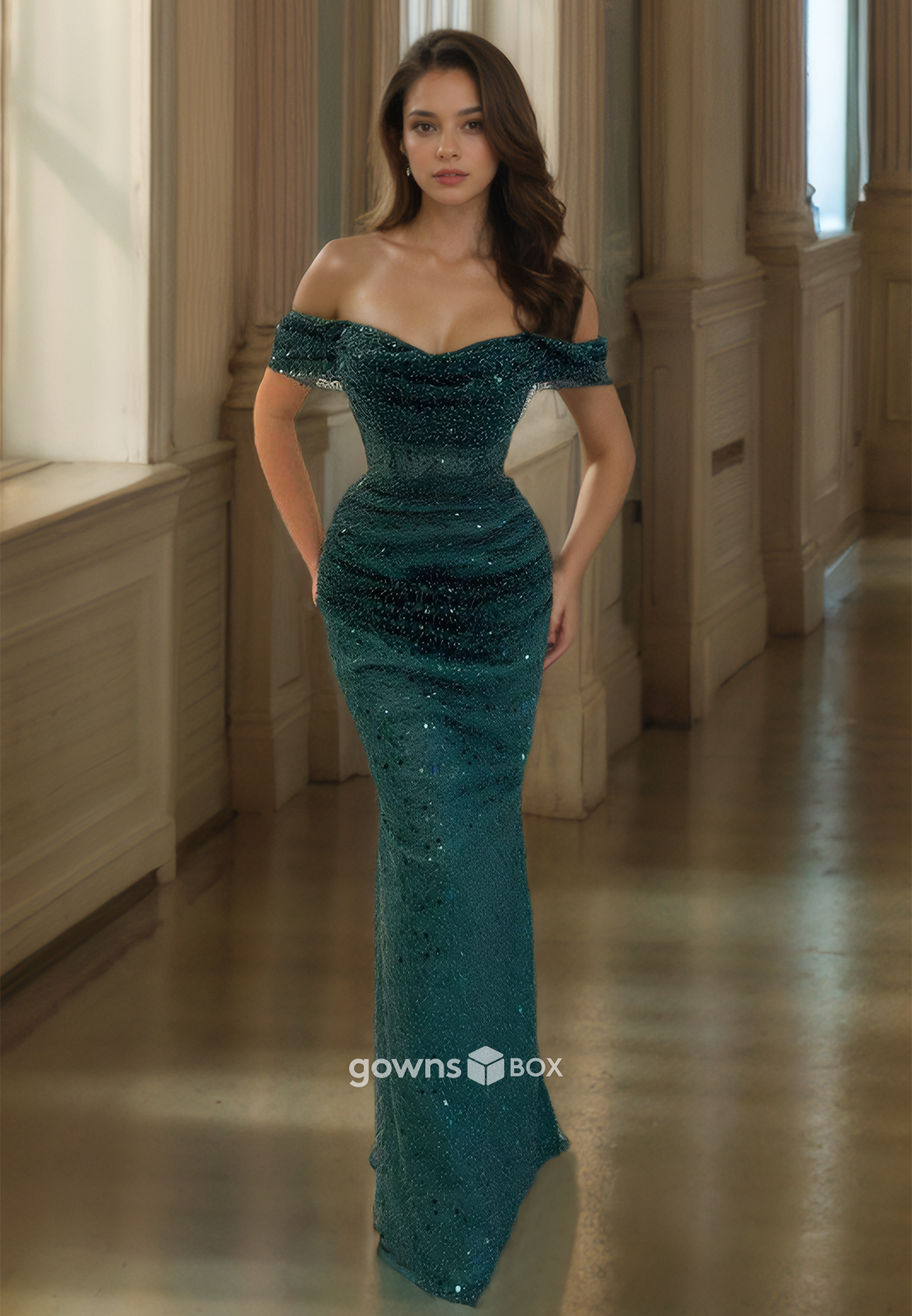 Sparkle Sequined Dark Green Off-Shoulder Fitted Empire Formal Evening Dress Party Gown-GownsBox