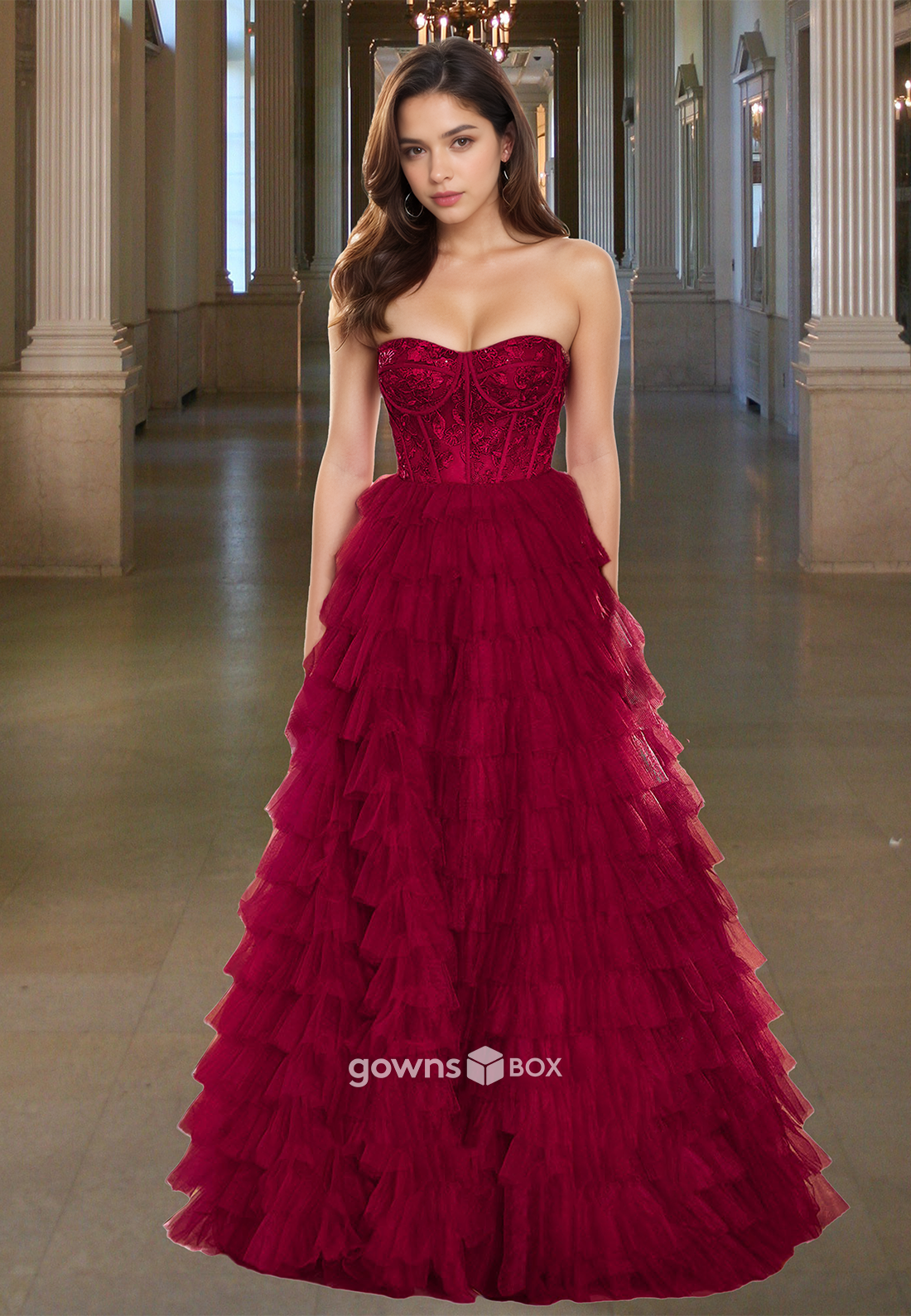 Red A-Line Tiered Ruched Tulle Strapless Formal Party Evening Dress Prom Gown-GownsBox