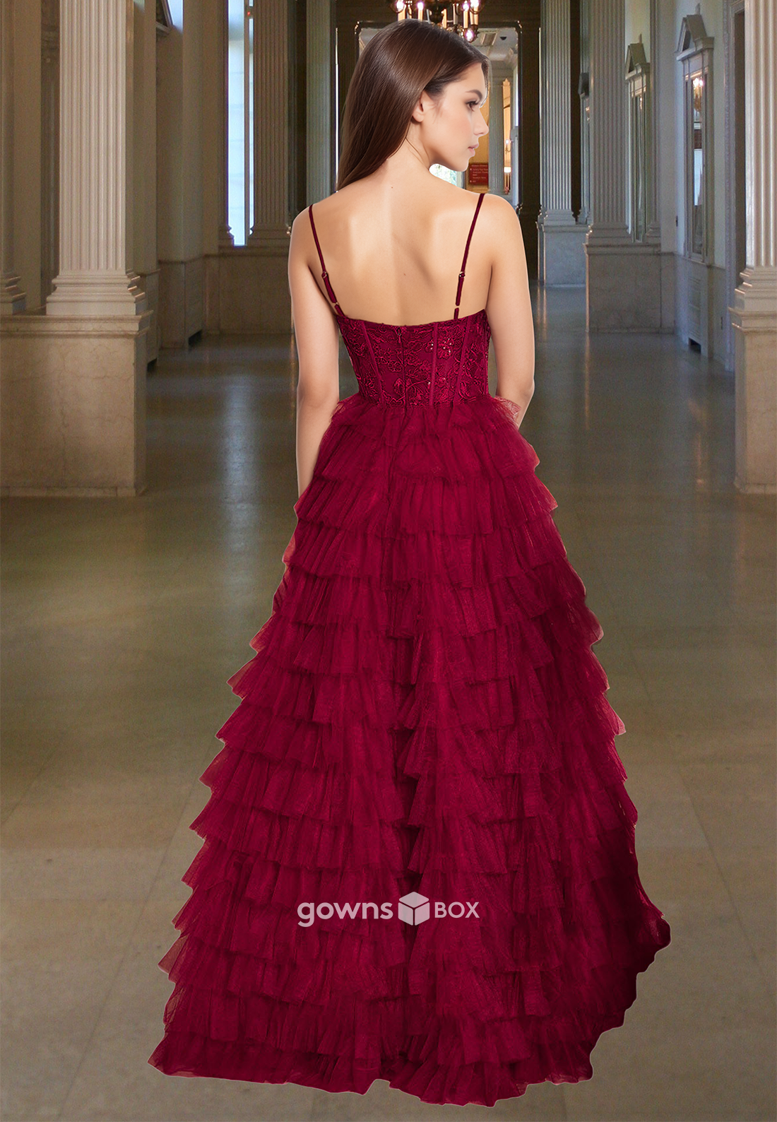 Red A-Line Tiered Ruched Tulle Strapless Formal Party Evening Dress Prom Gown-GownsBox