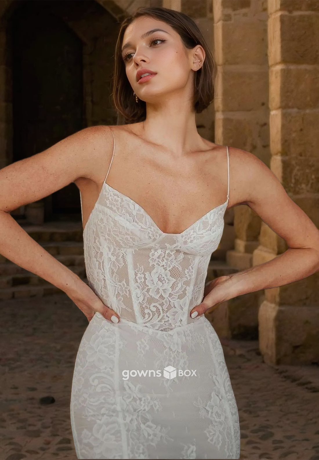 Sexy Fitted Lace Applique Spaghetti Straps Mermaid with Train Wedding Dress-GownsBox