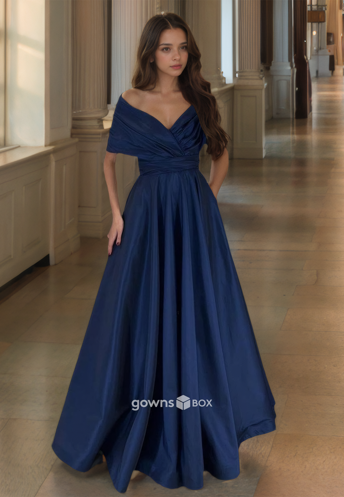 Formal Dark Navy V-Neck Off-Shoulder A-Line Evening Dress Prom Ball Gown-GownsBox