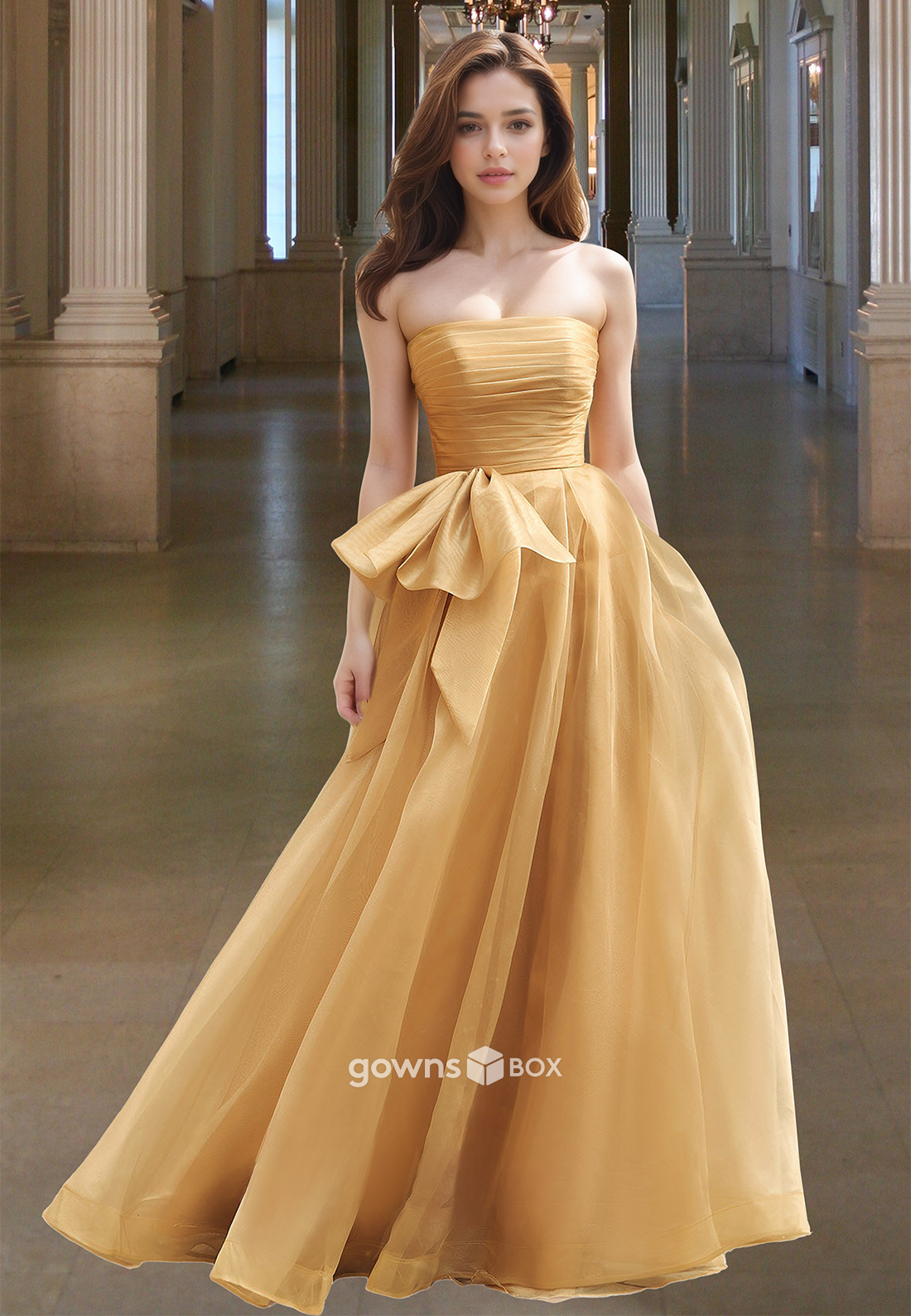 Elegant Yellow Strapless with Bow Tulle A-Line Formal Party Evening Dress-GownsBox