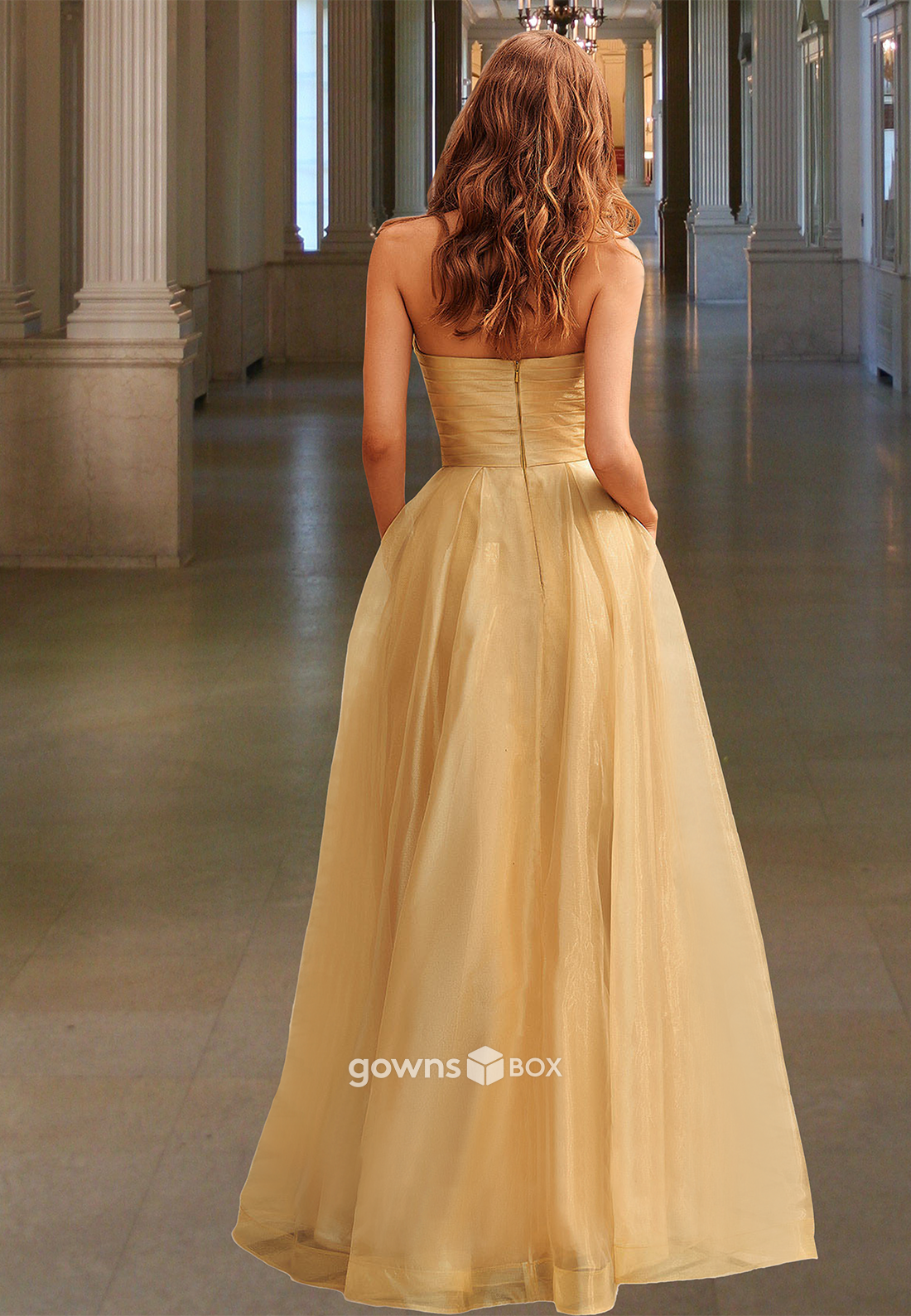 Elegant Yellow Strapless with Bow Tulle A-Line Formal Party Evening Dress-GownsBox