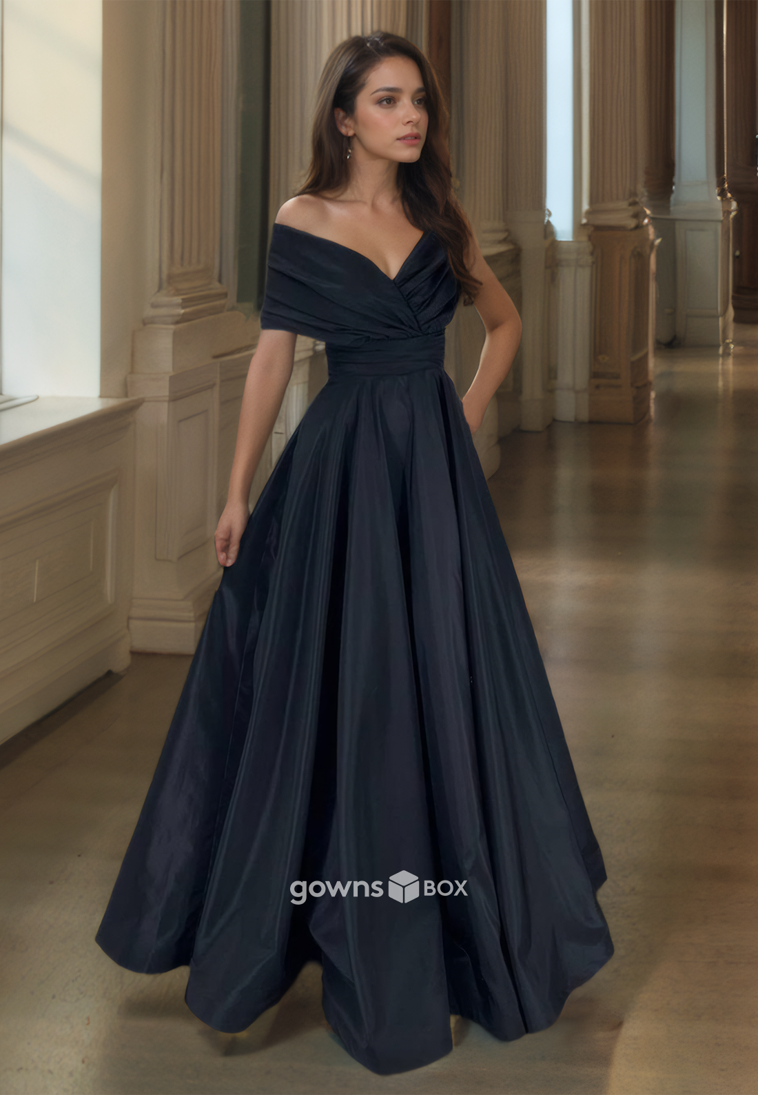 Formal Dark Navy V-Neck Off-Shoulder A-Line Evening Dress Prom Ball Gown-GownsBox