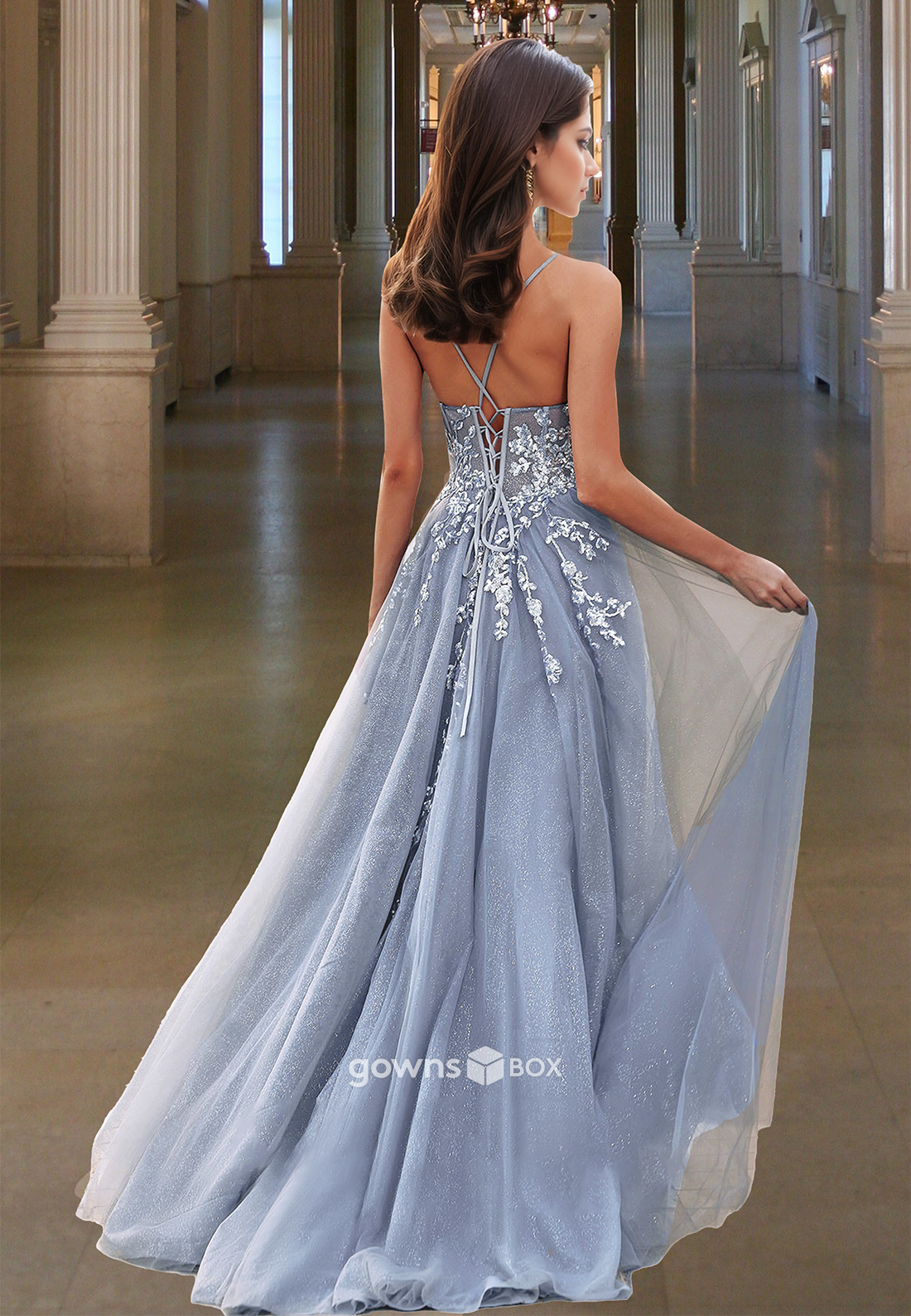 Strapless Tulle A-Line Mist Applique Sweetheart with Slit Evening Prom Dress-GownsBox