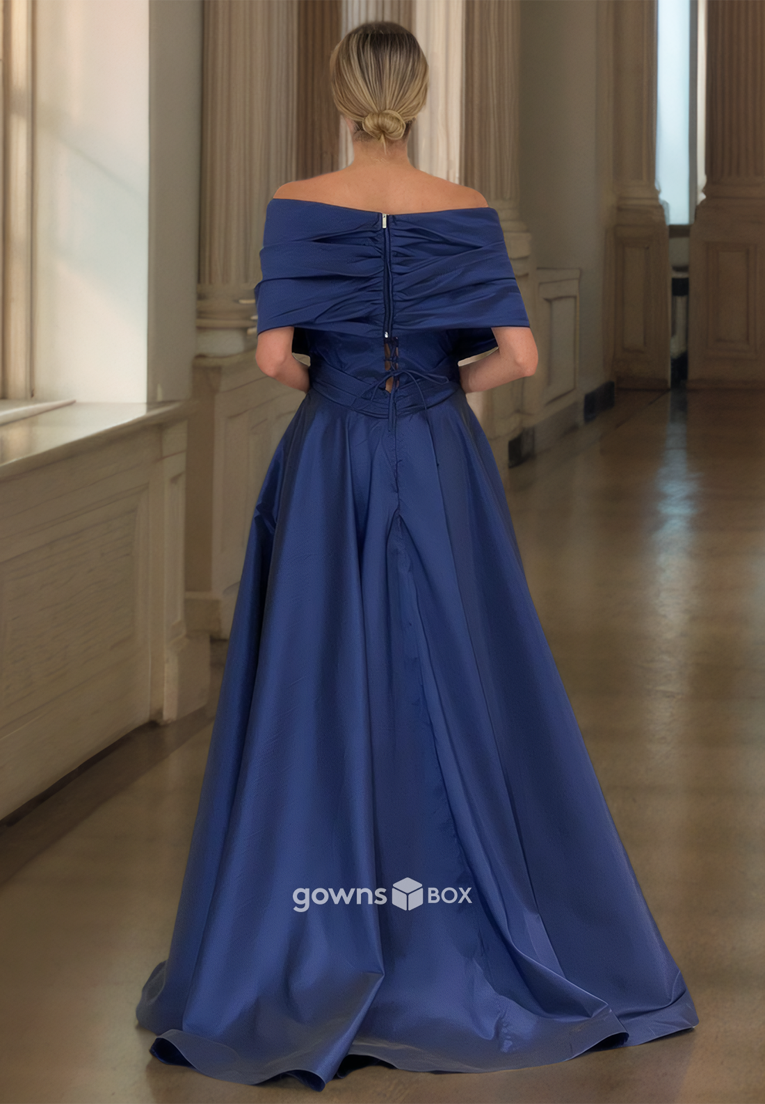 Formal Dark Navy V-Neck Off-Shoulder A-Line Evening Dress Prom Ball Gown-GownsBox